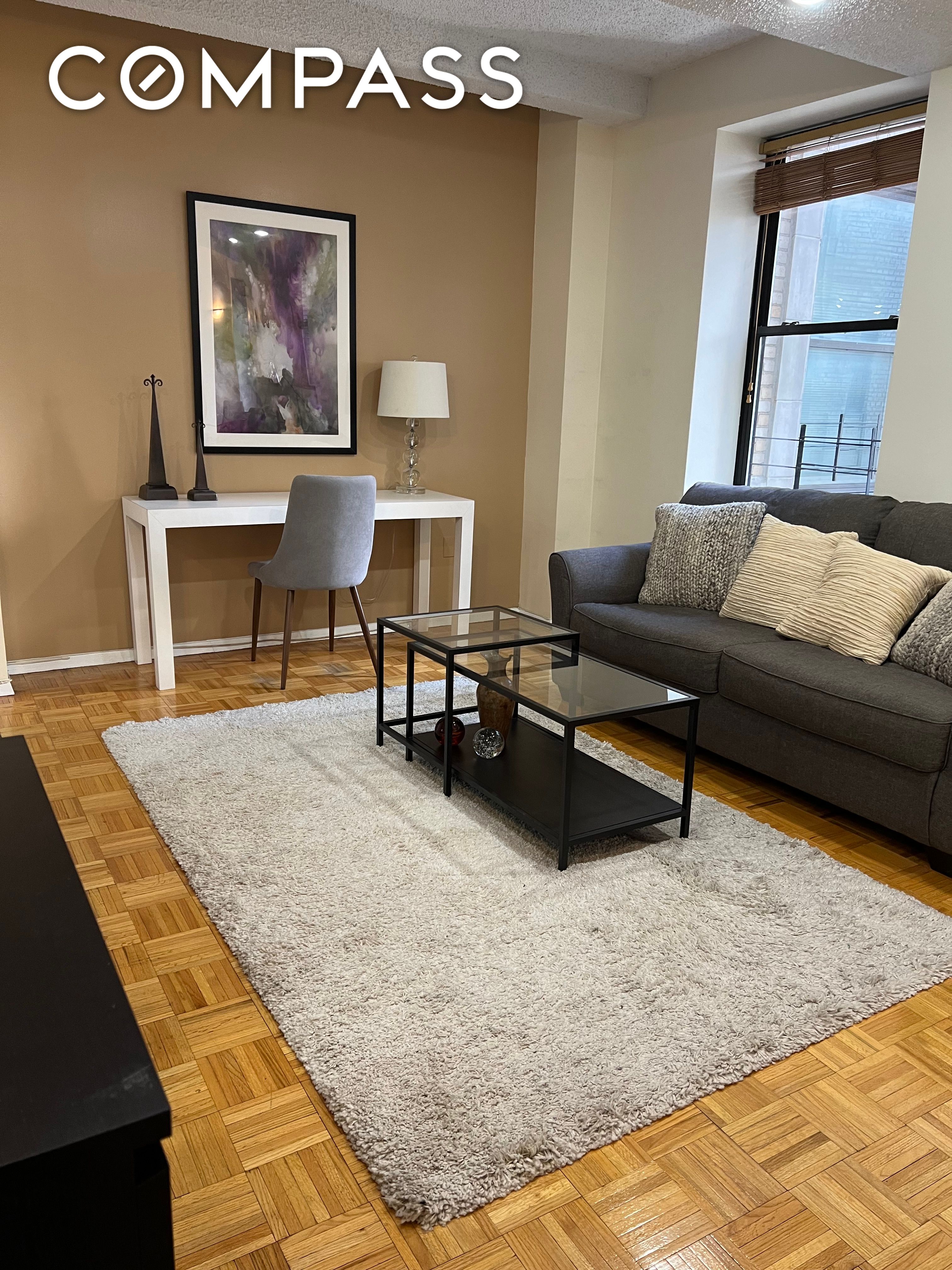 a living room with furniture and a rug