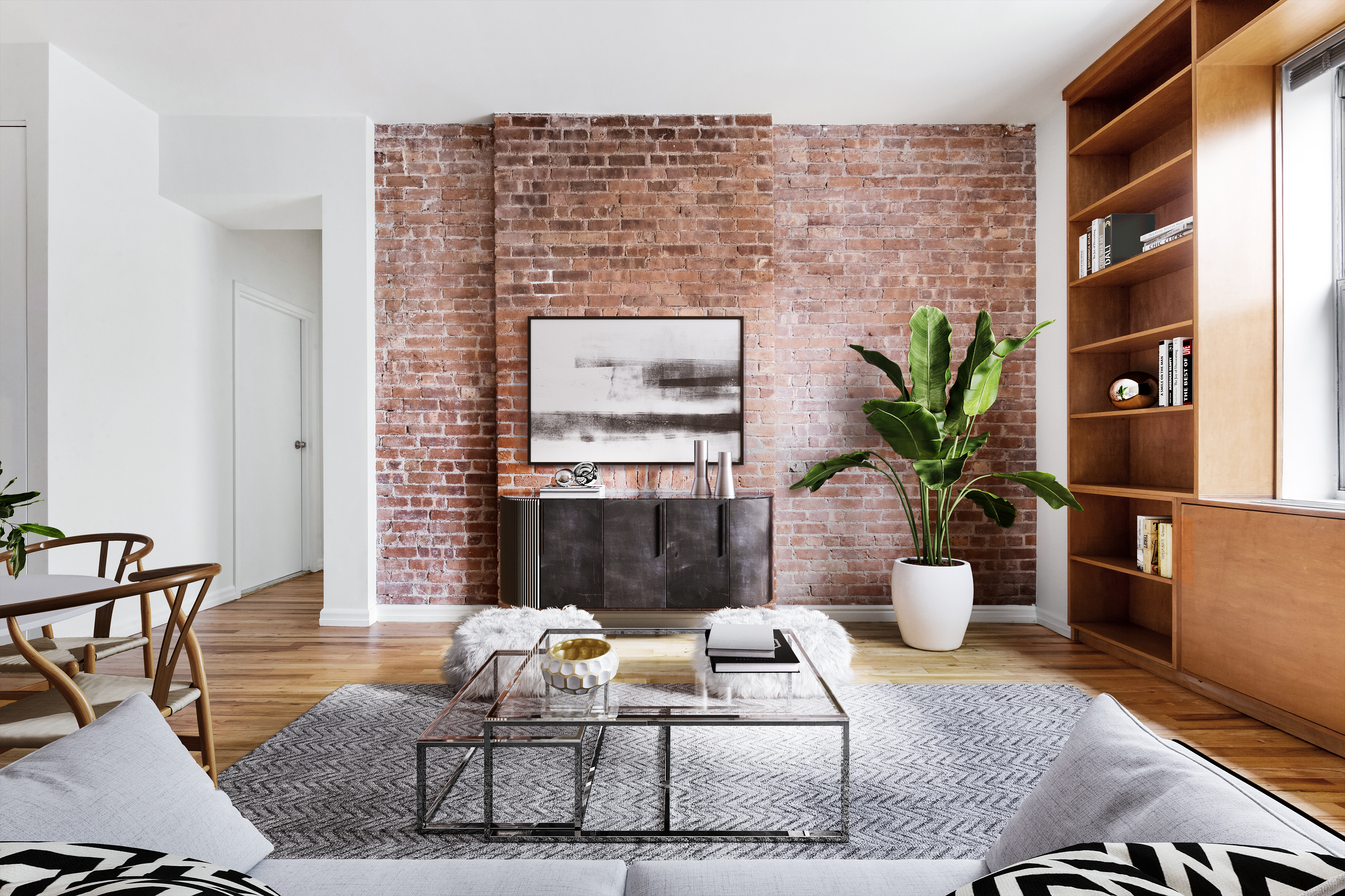 a living room with furniture plant and a potted plant