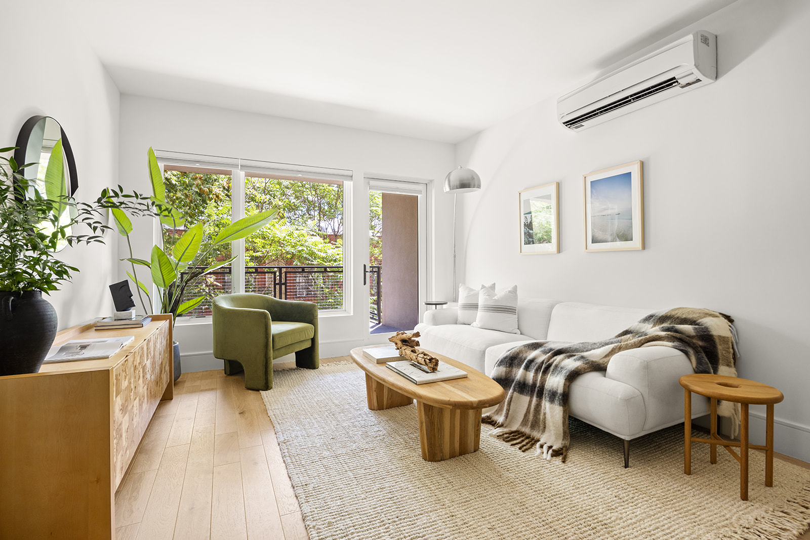 a living room with furniture and a potted plant