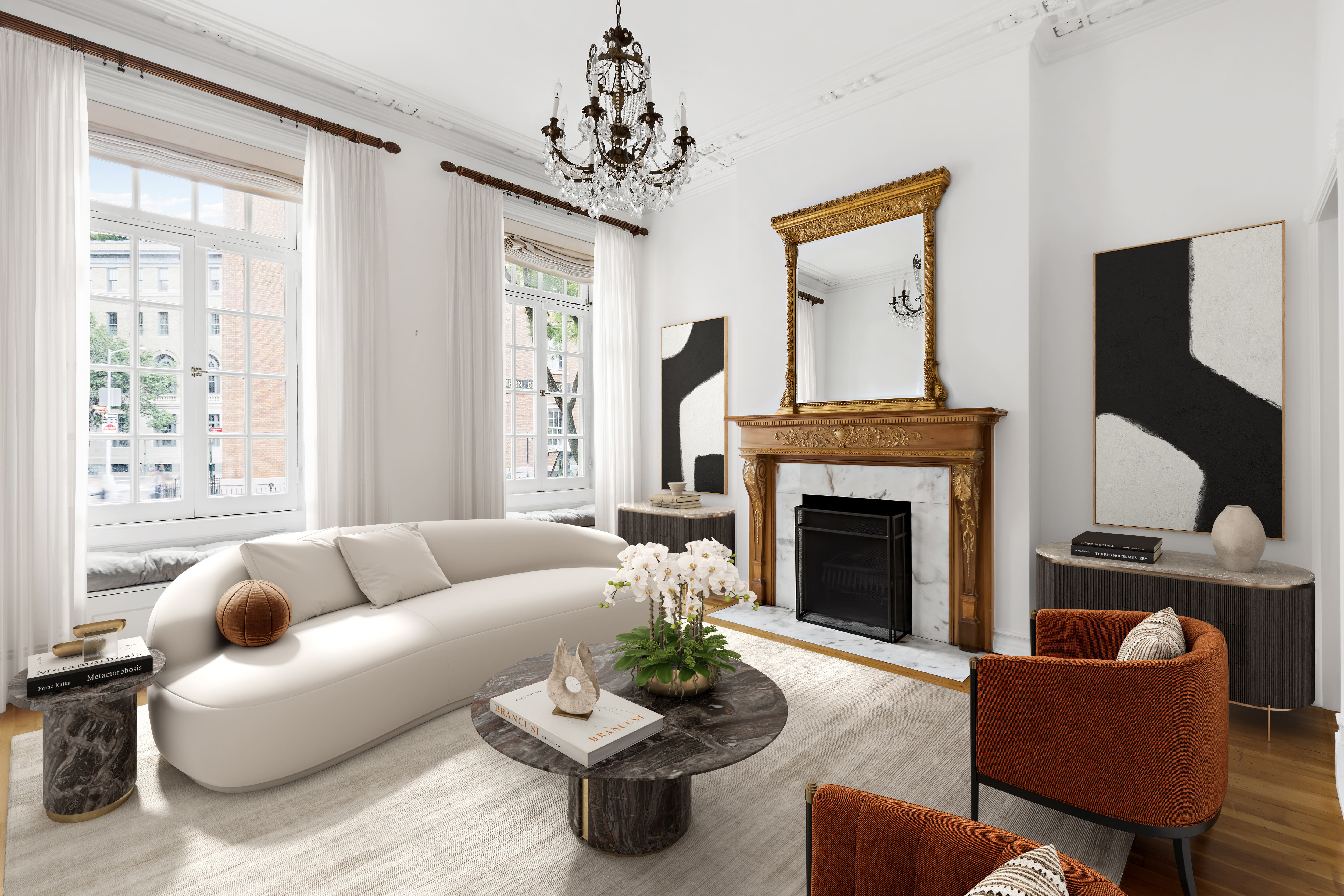 a living room with furniture fireplace and window