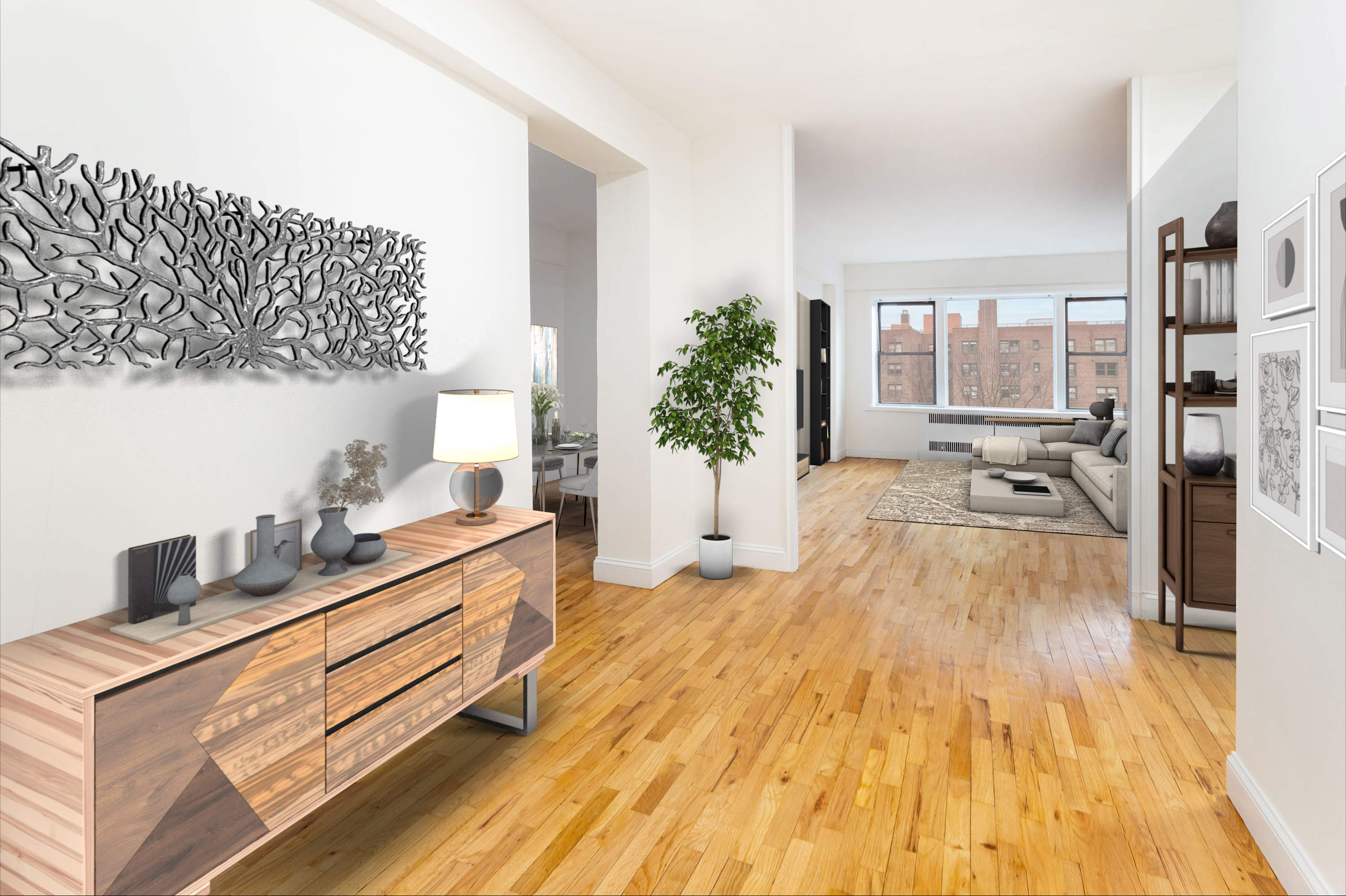 a bed room with a bed and a view of living room