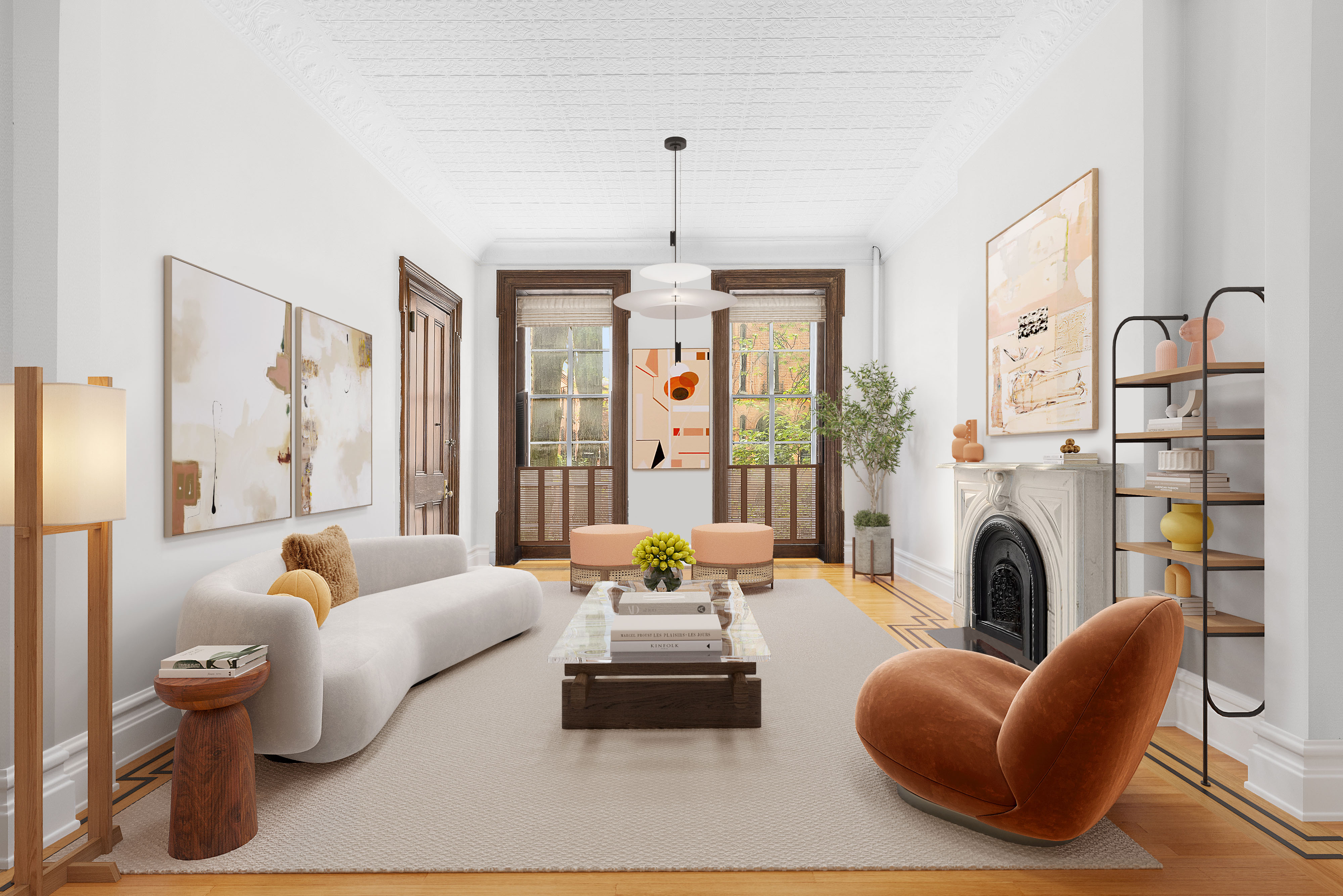 a living room with furniture a fireplace and large windows