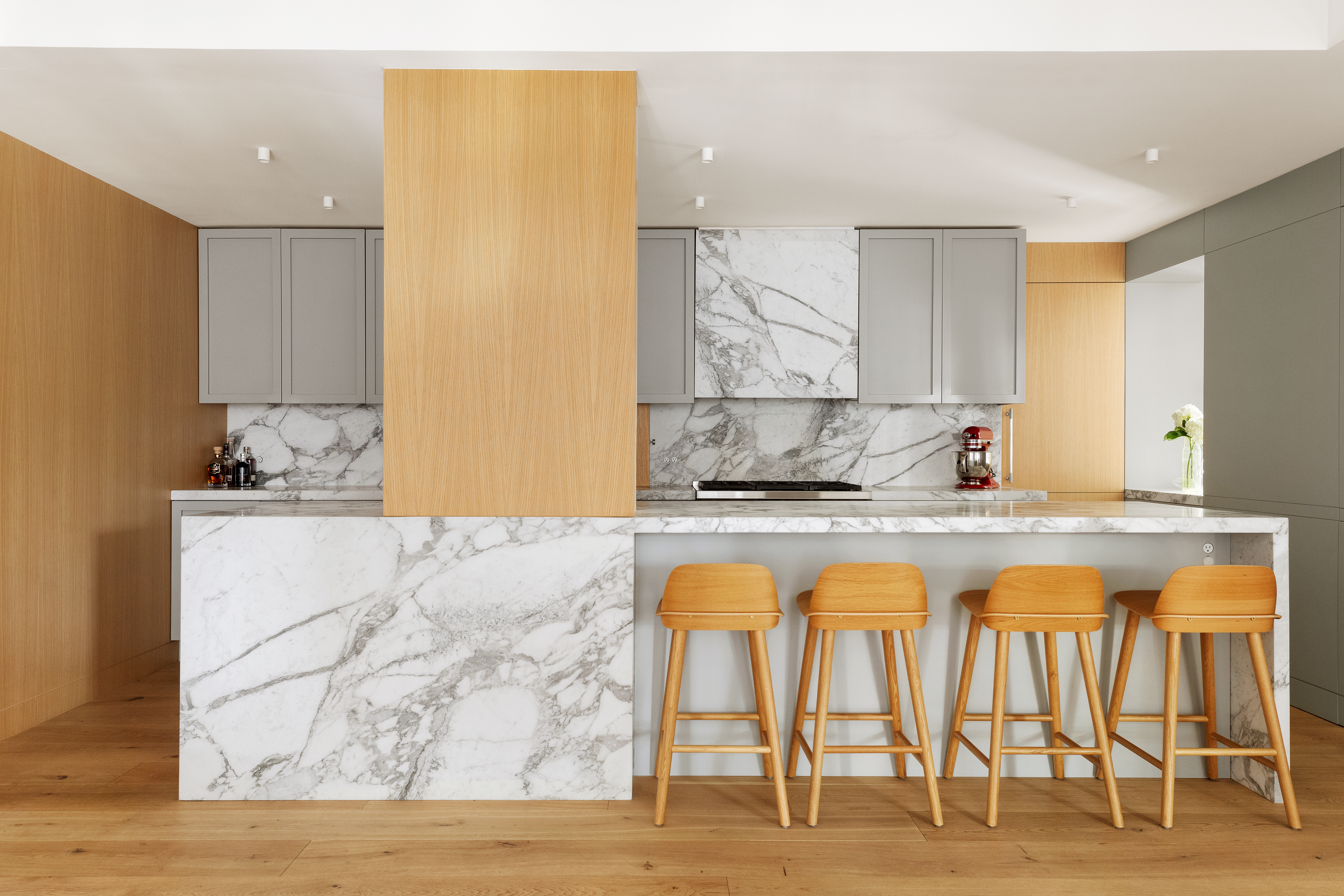 a view of kitchen with wooden floor