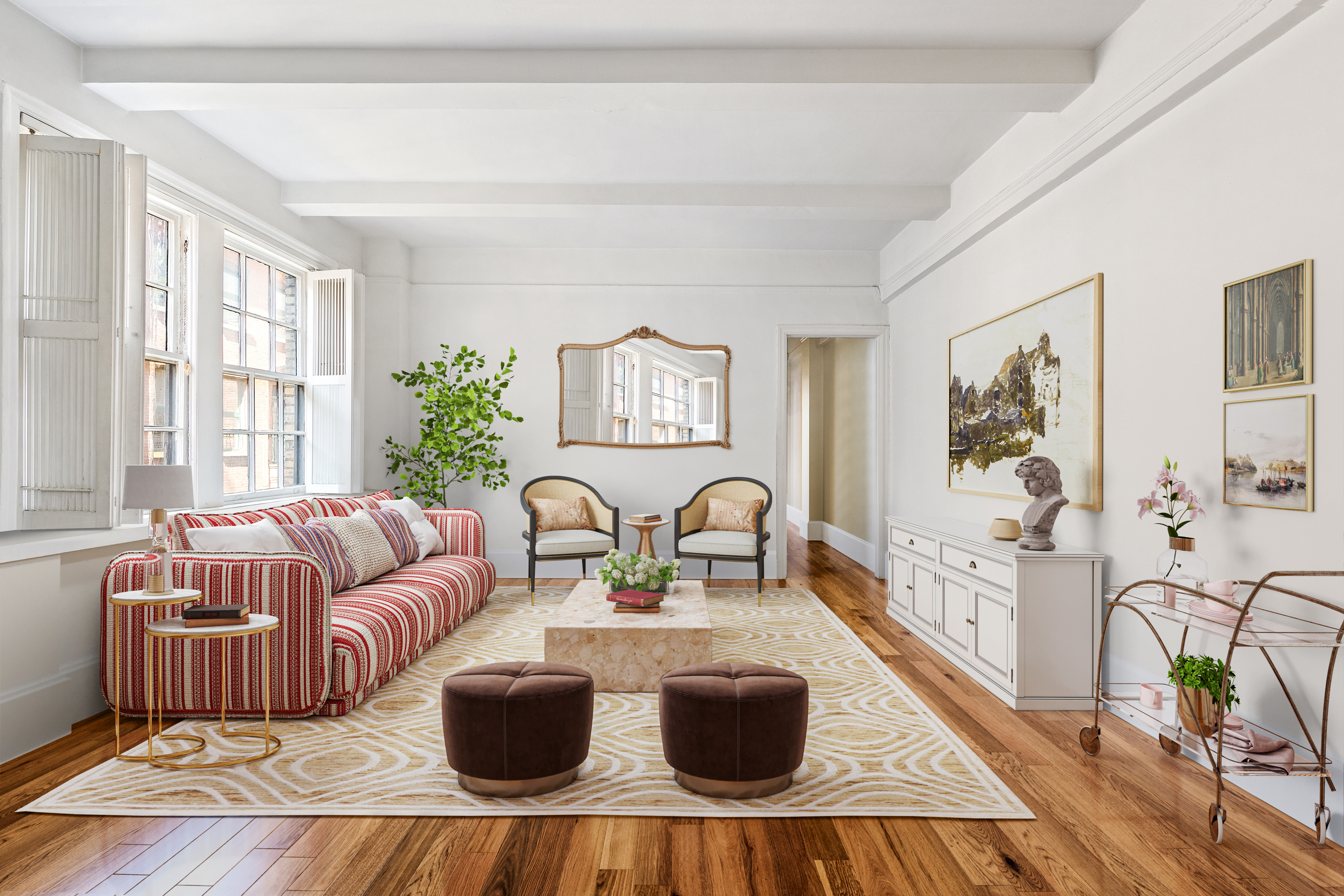 a living room with furniture or couch and a table