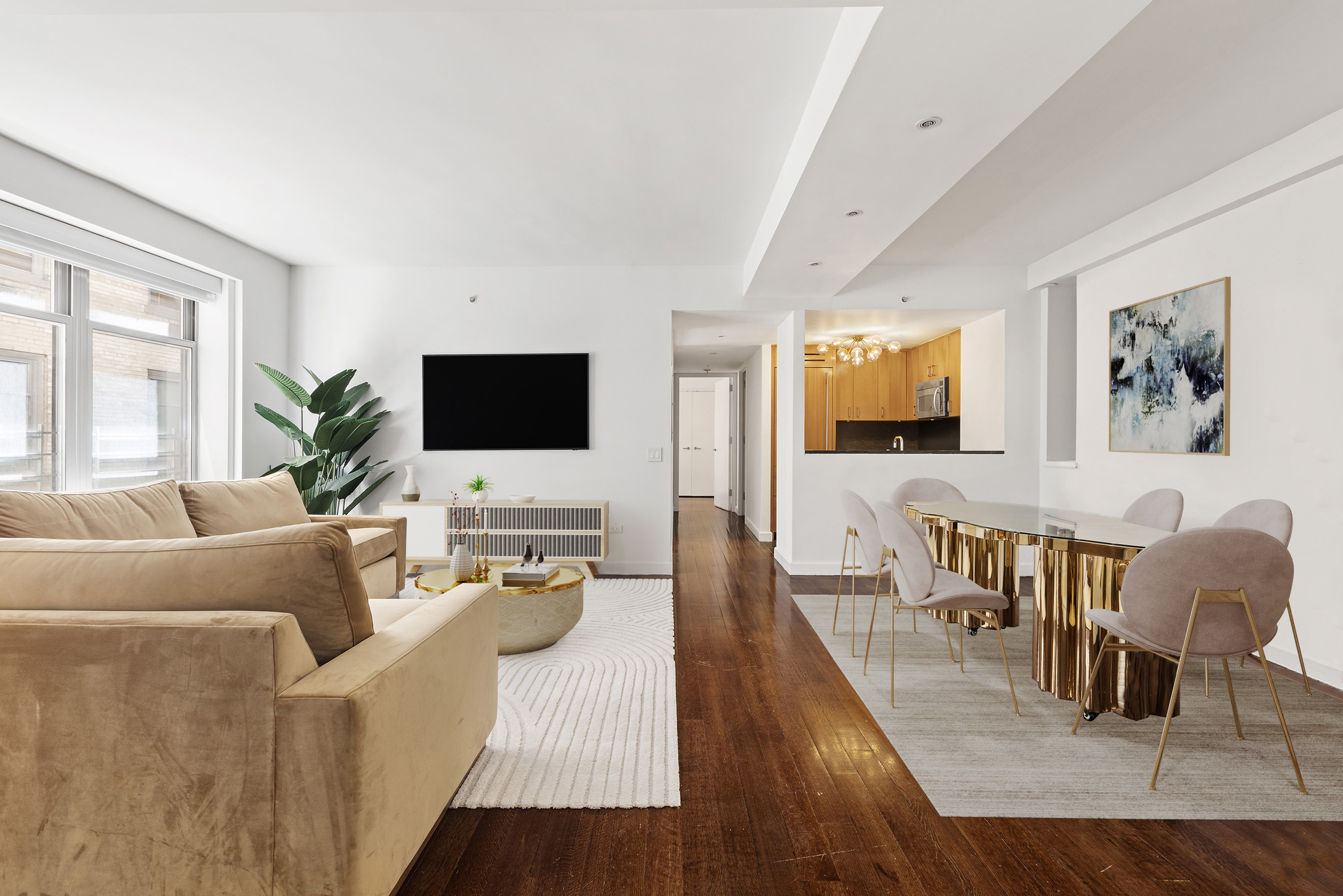 a living room with furniture wooden floor and a flat screen tv