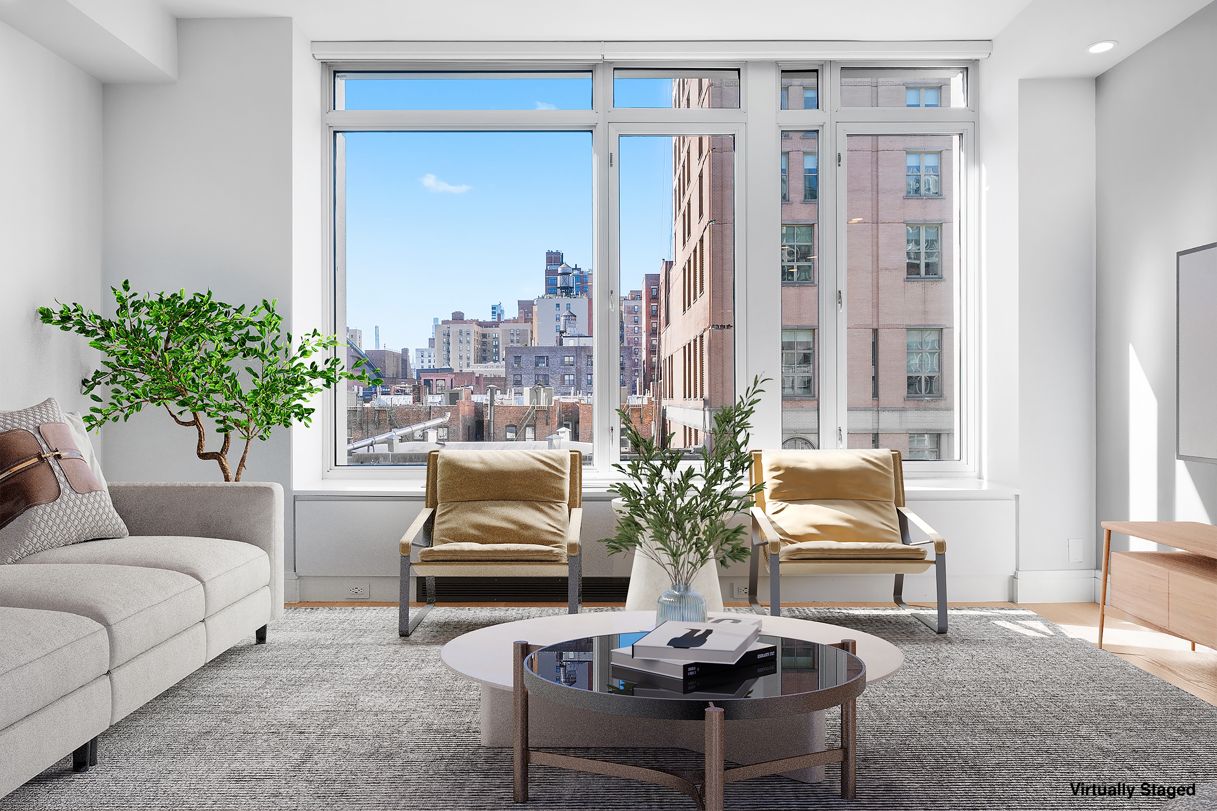 a living room with furniture and a potted plant