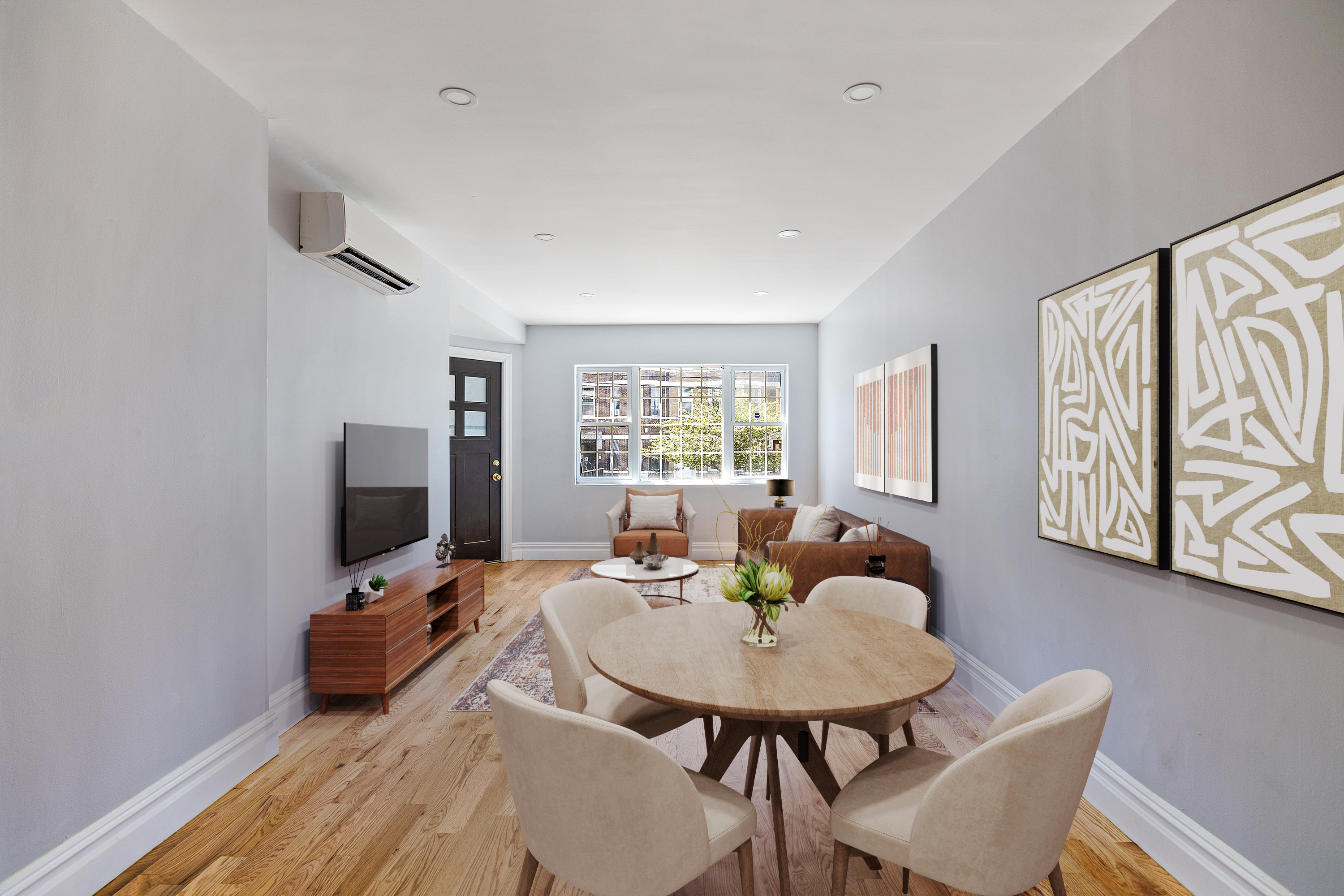 a view of a dining room with furniture