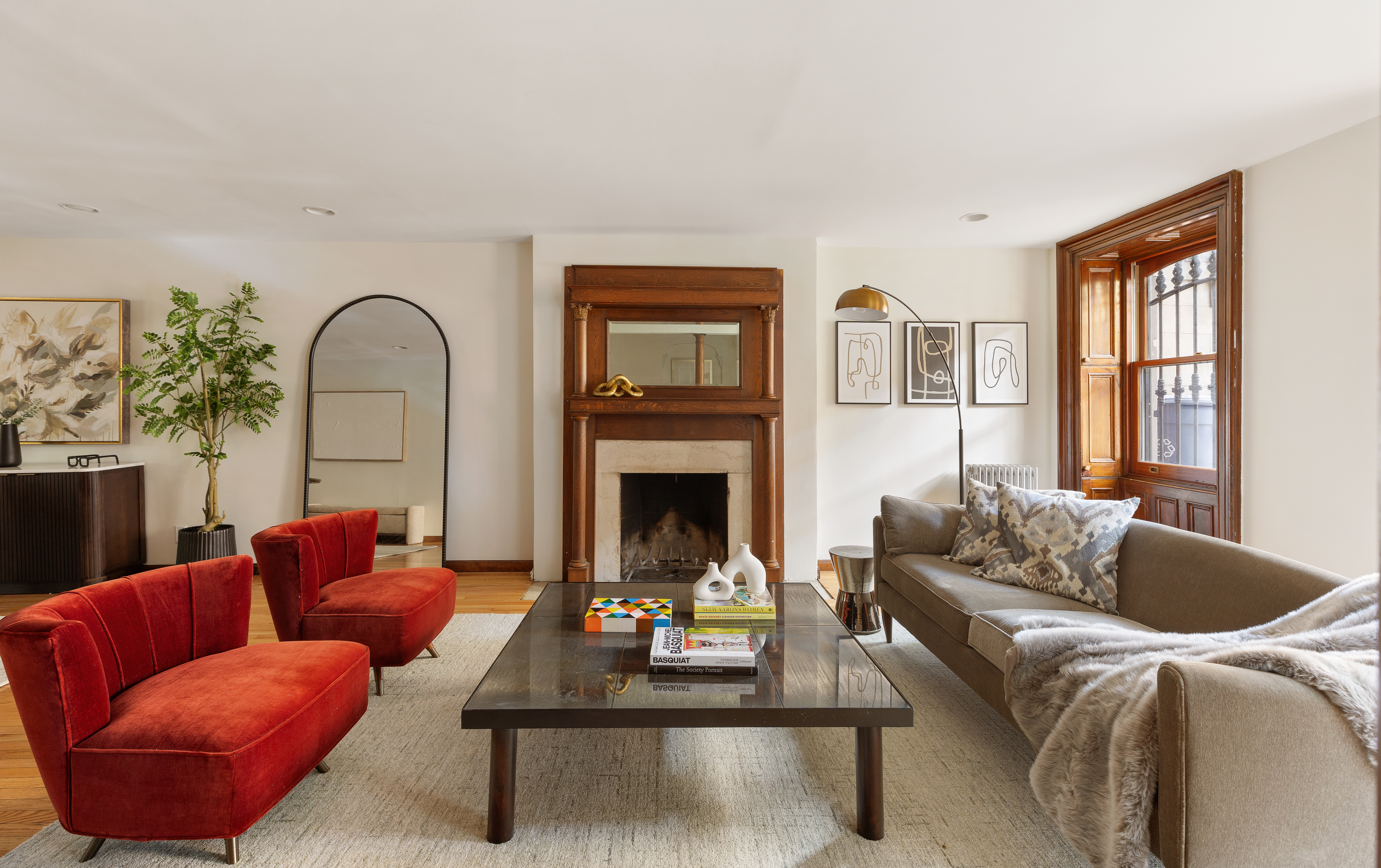 a living room with furniture or couch and a fireplace