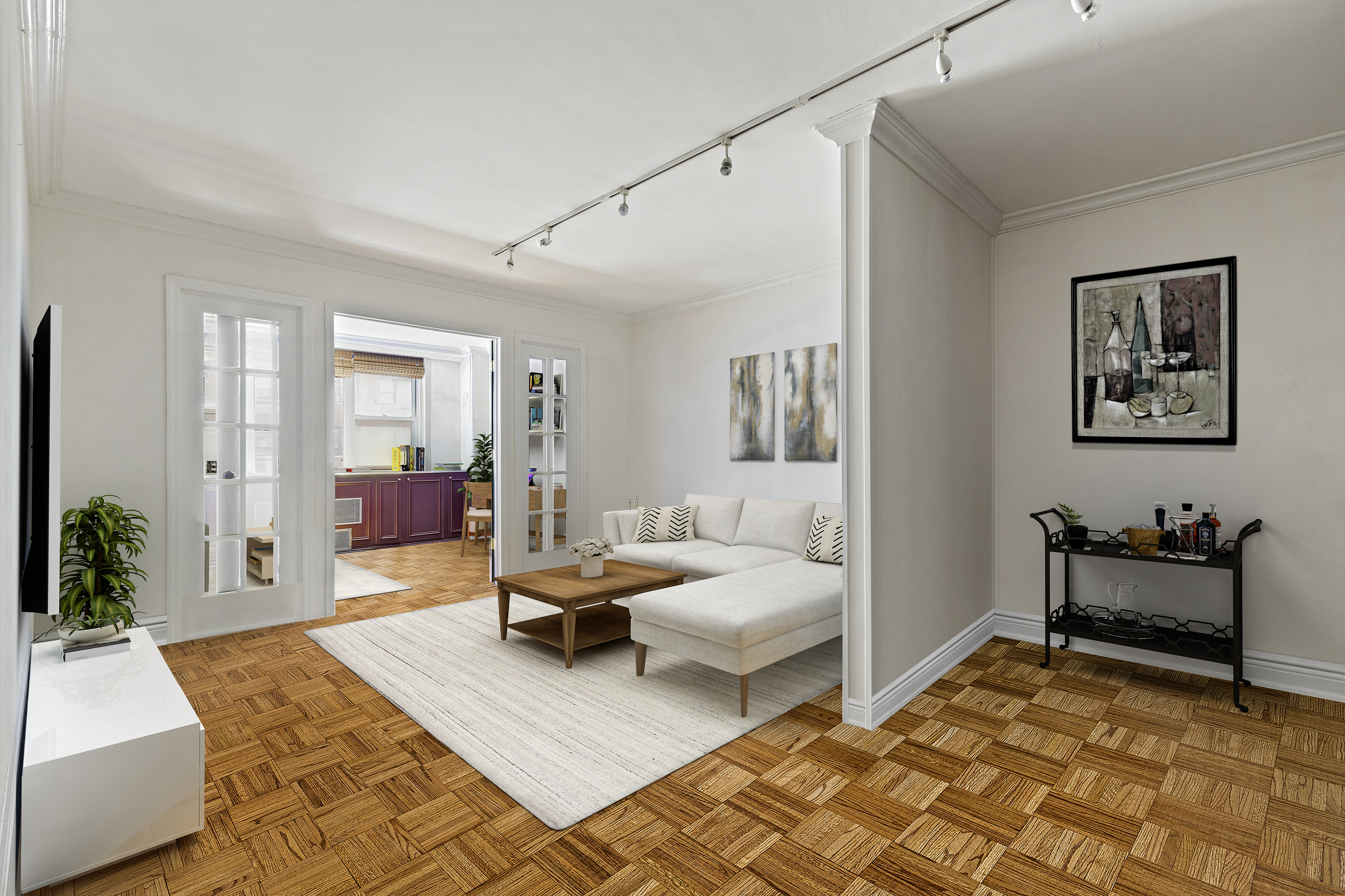 a bedroom with furniture and a rug