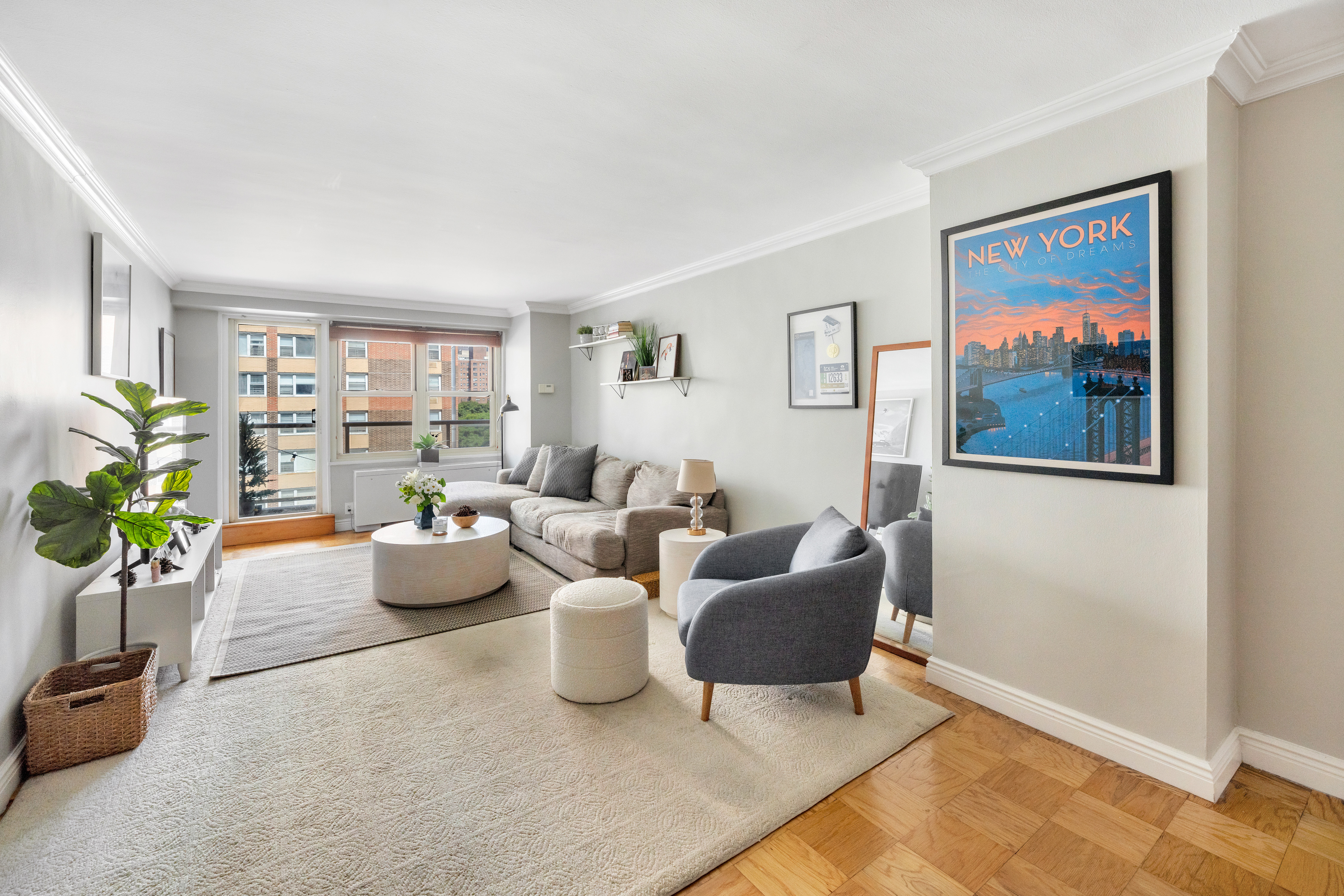 a living room with furniture and a potted plant