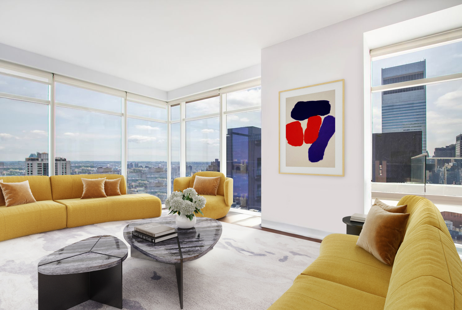 a living room with furniture and floor to ceiling windows