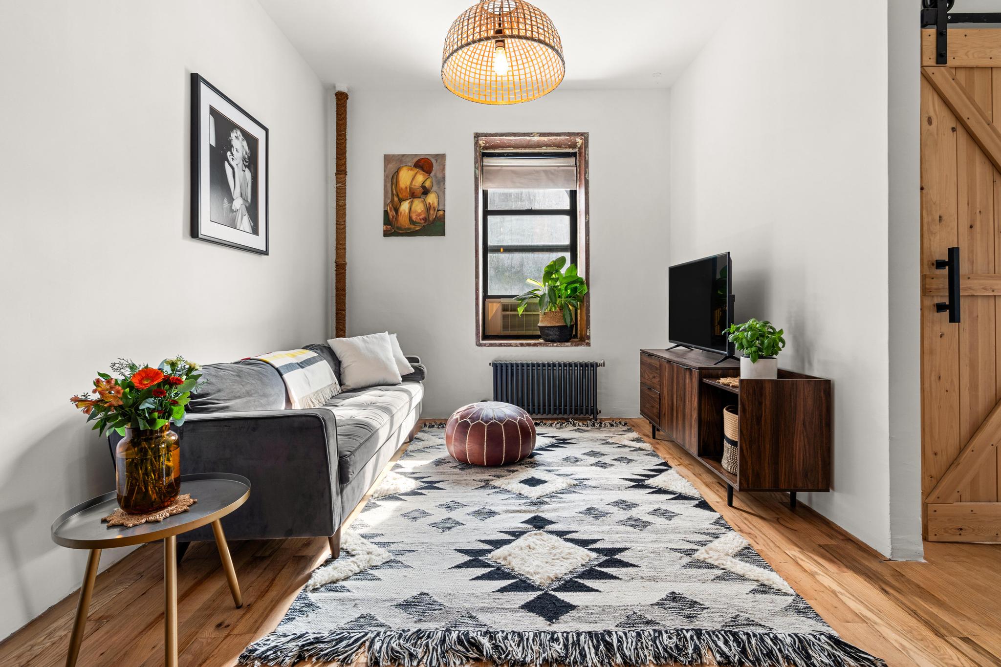 a living room with furniture and a potted plant