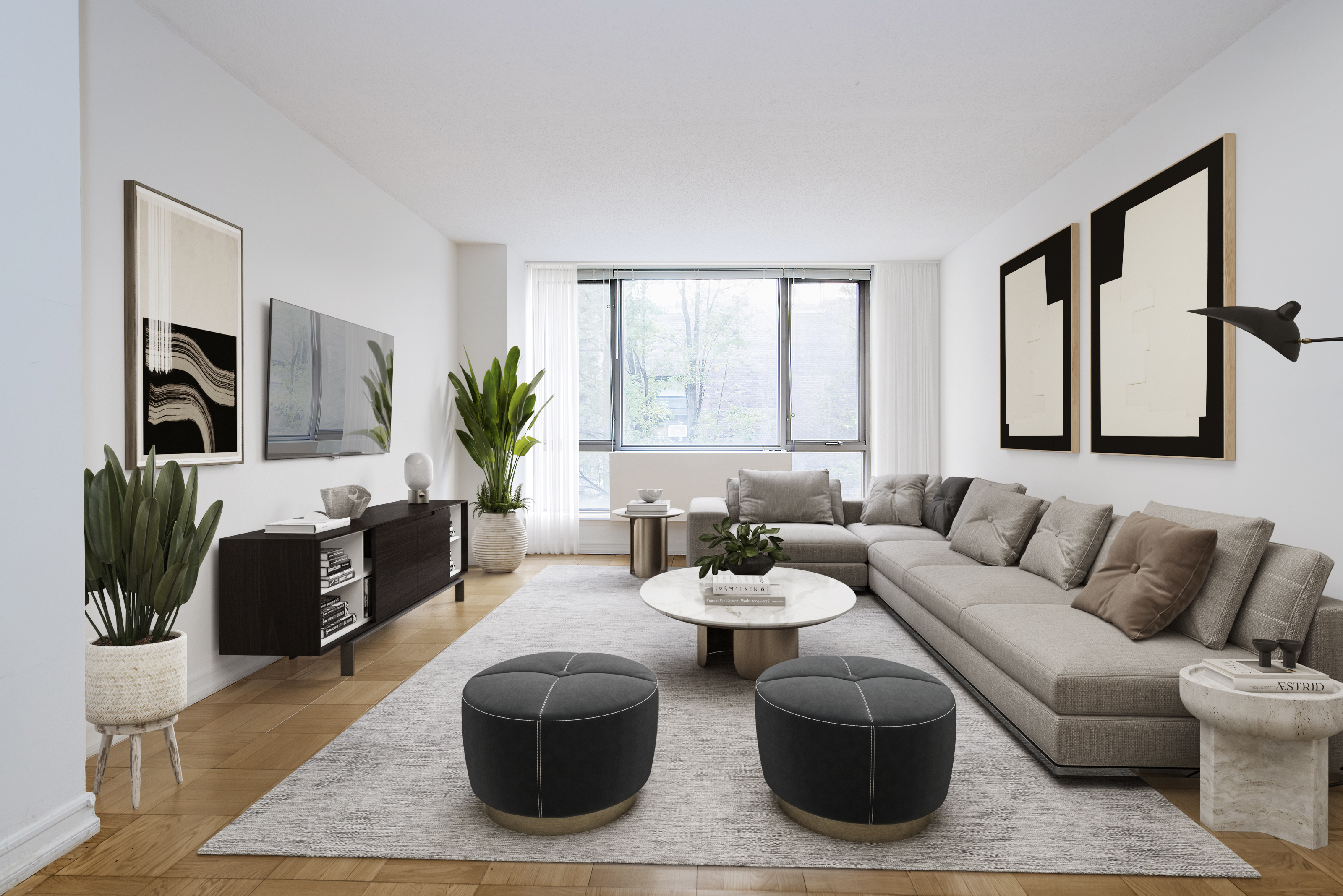 a living room with furniture a rug and a large window