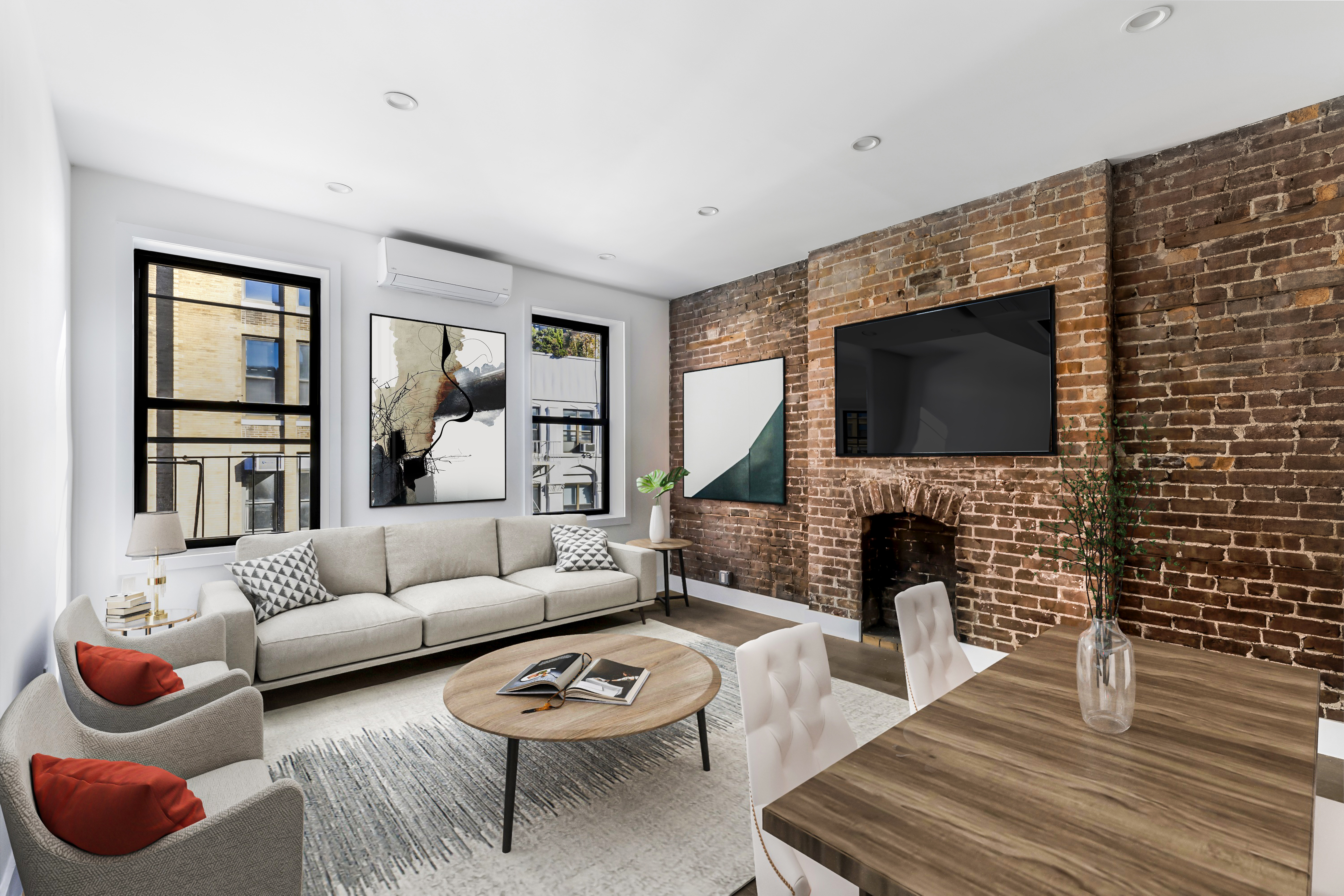 a living room with fireplace furniture and a flat screen tv