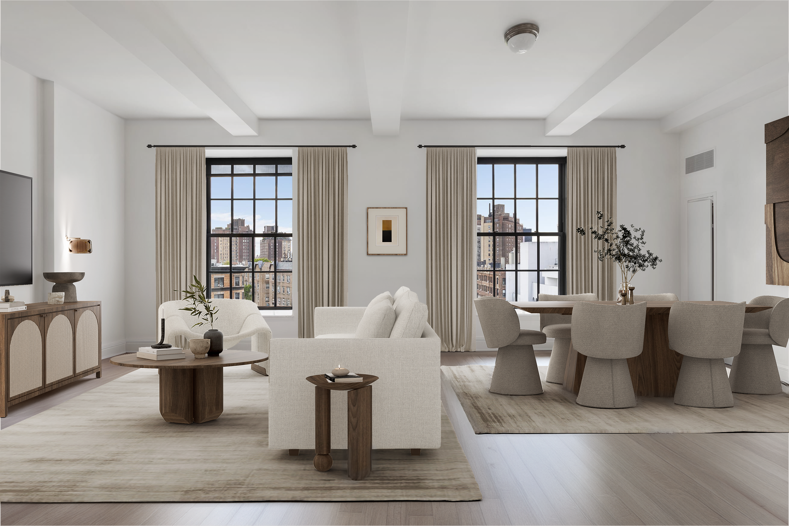 a living room with furniture large window and potted plants