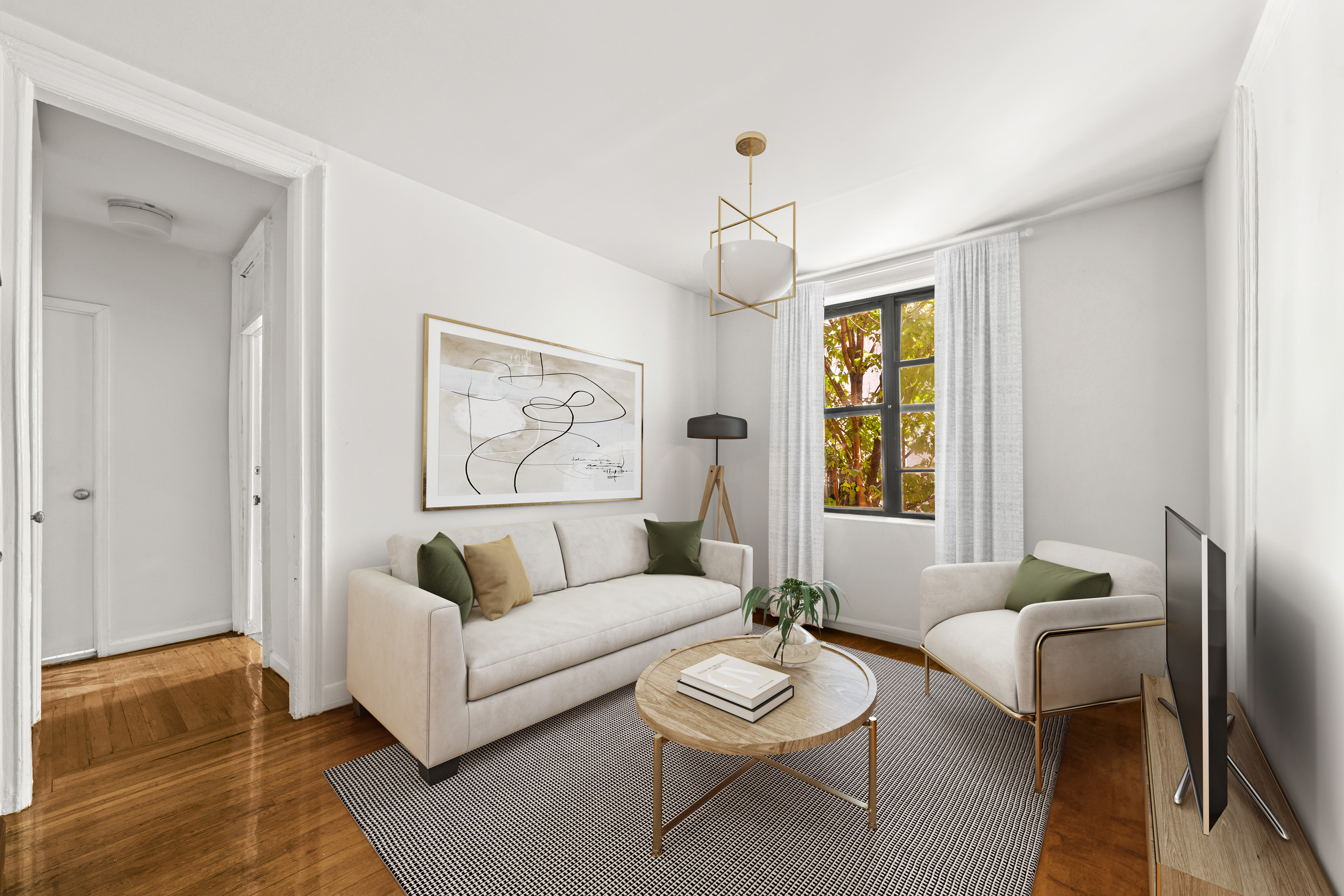 a living room with furniture and a large window