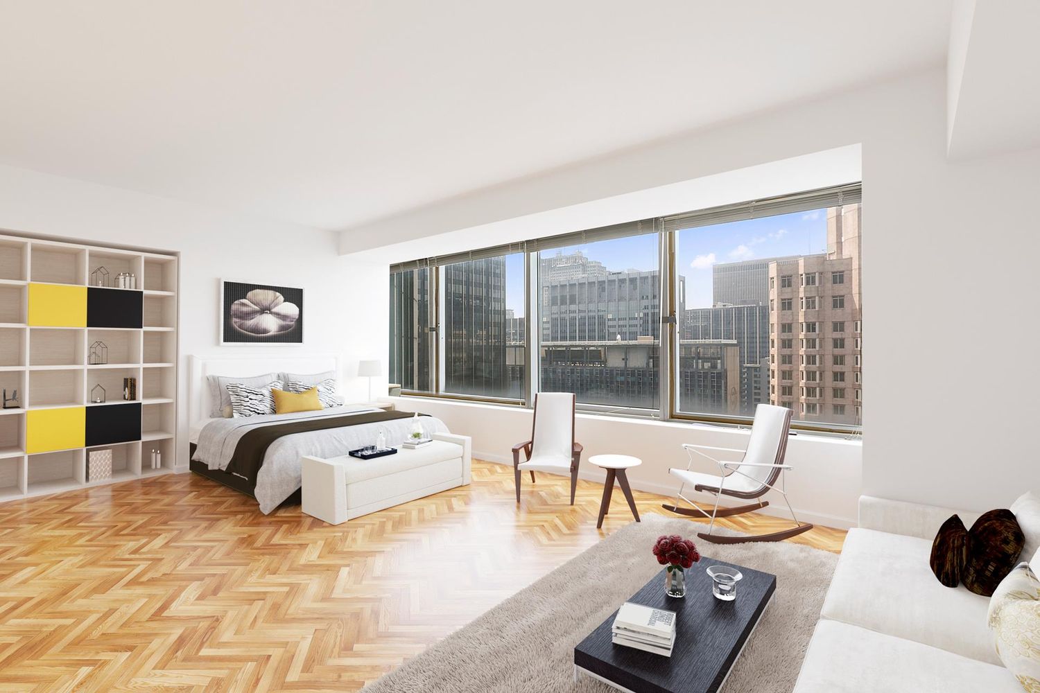 a living room with furniture and floor to ceiling windows