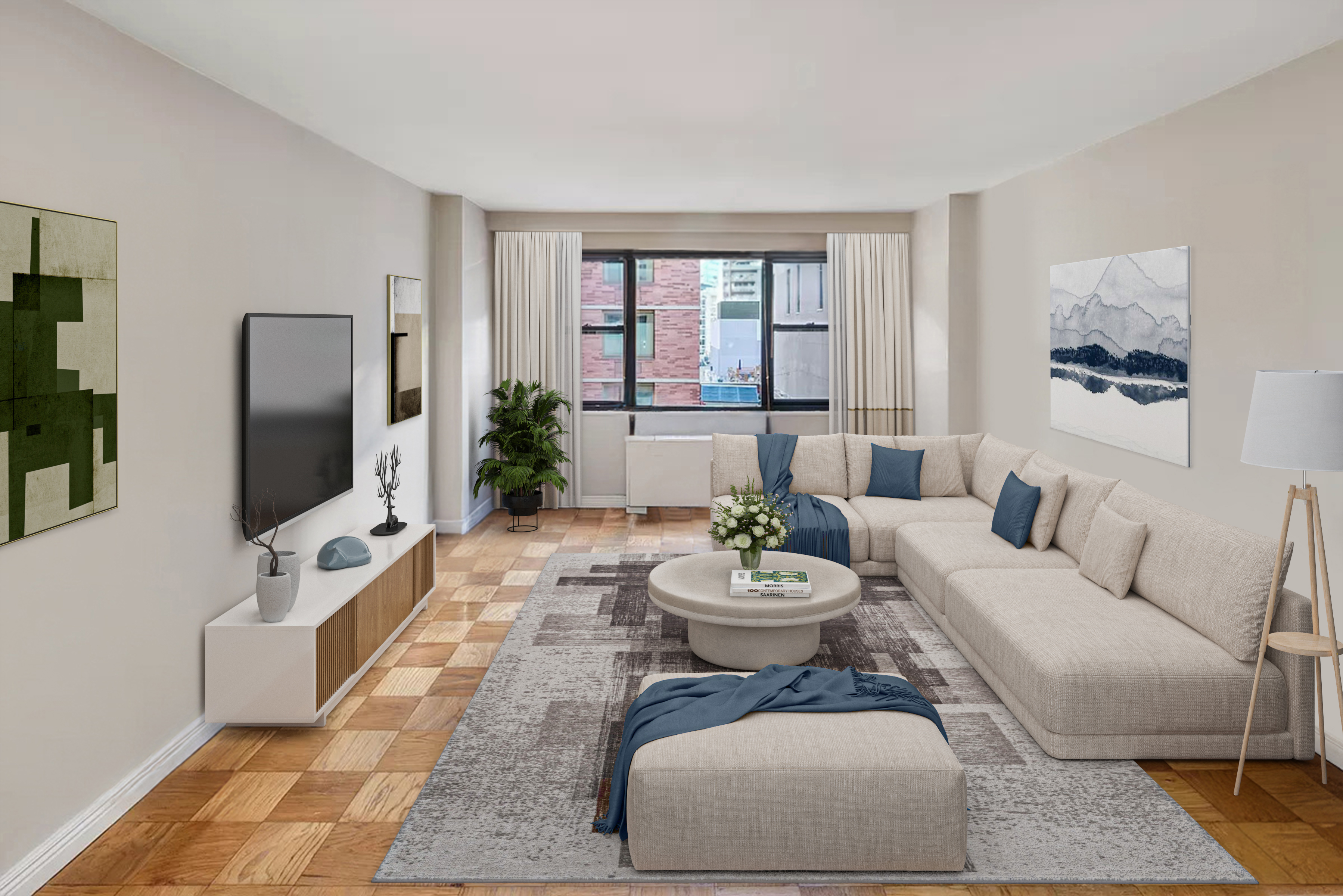 a living room with furniture a rug and a flat screen tv