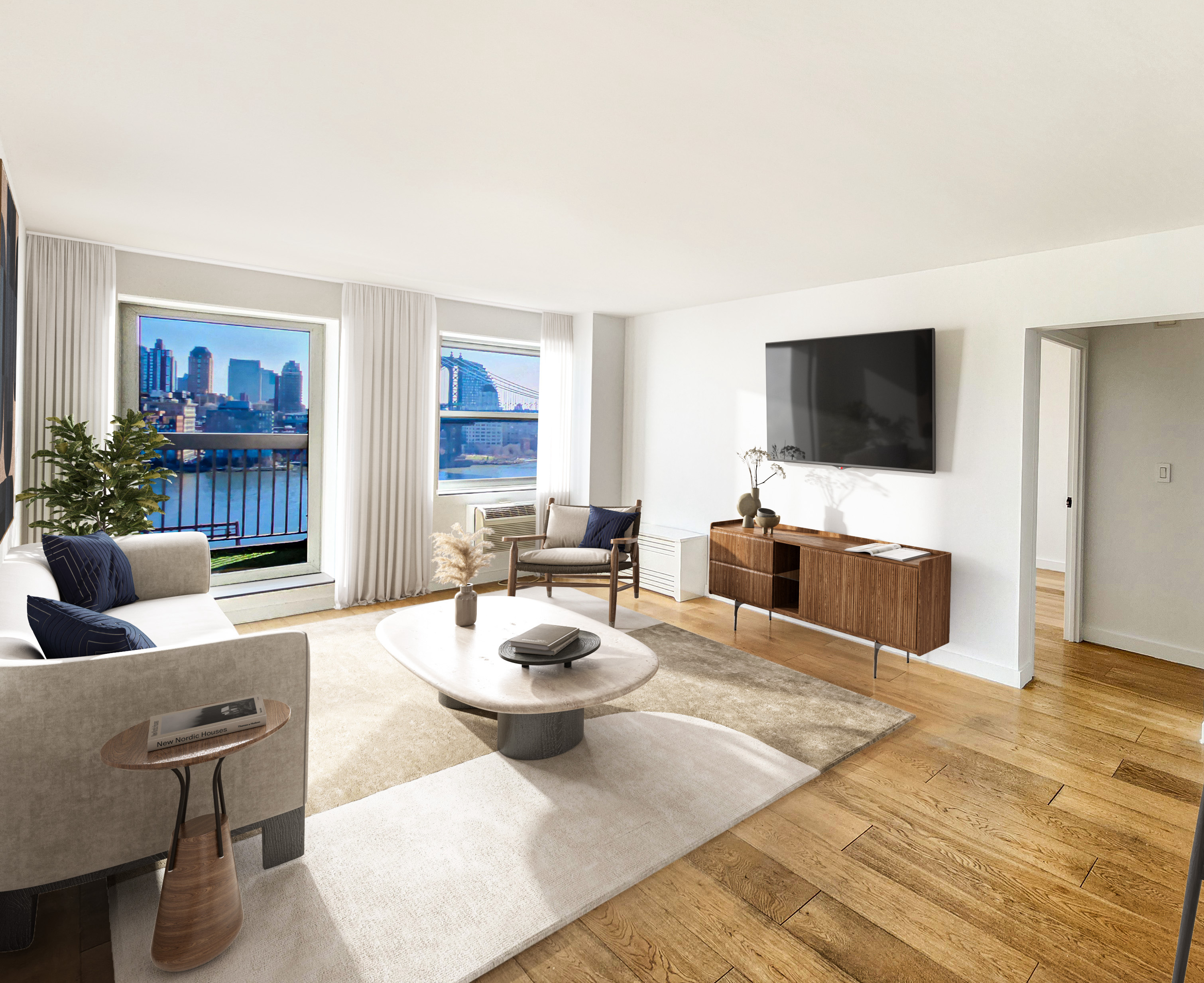 a living room with furniture a flat screen tv and a large window