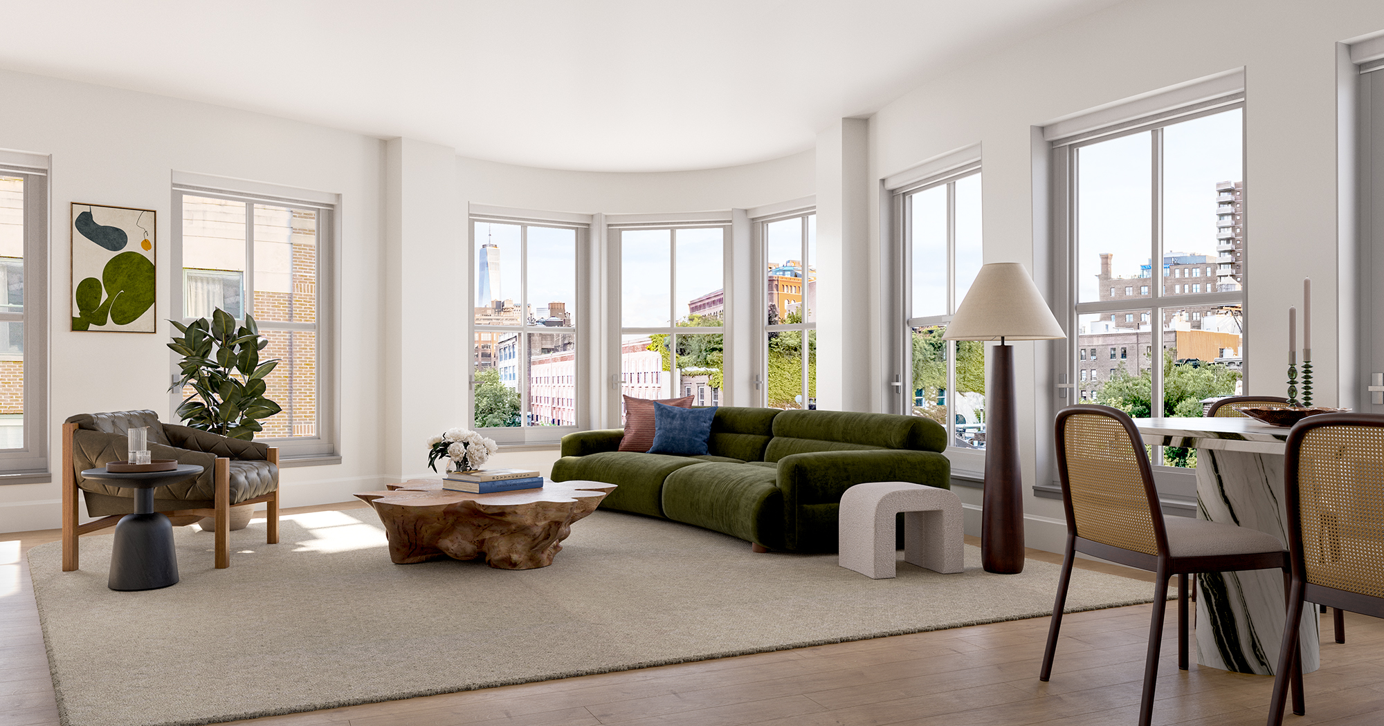 a living room with furniture and floor to ceiling windows