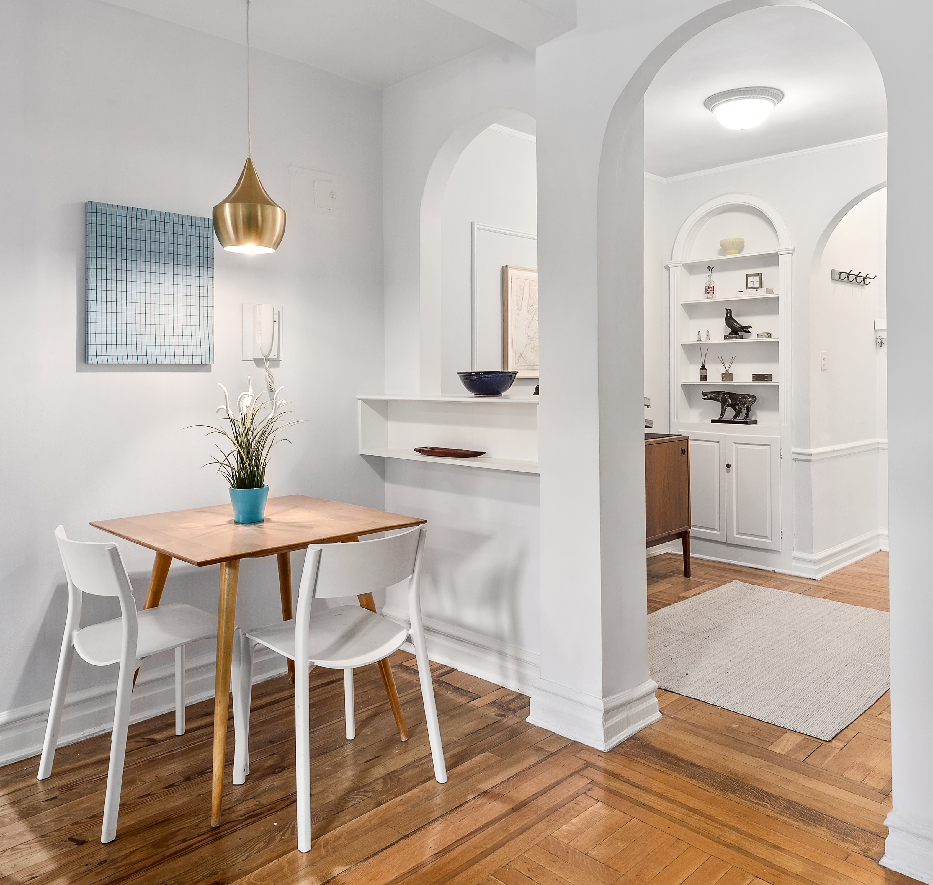 a view of a dining room with furniture