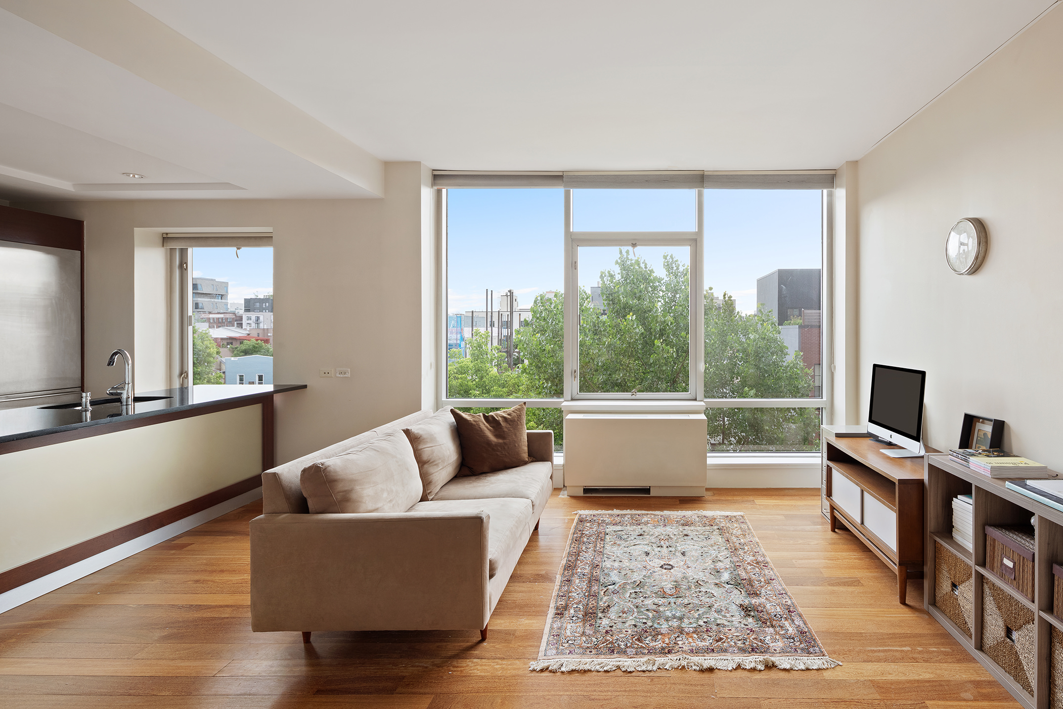 a living room with furniture and a rug