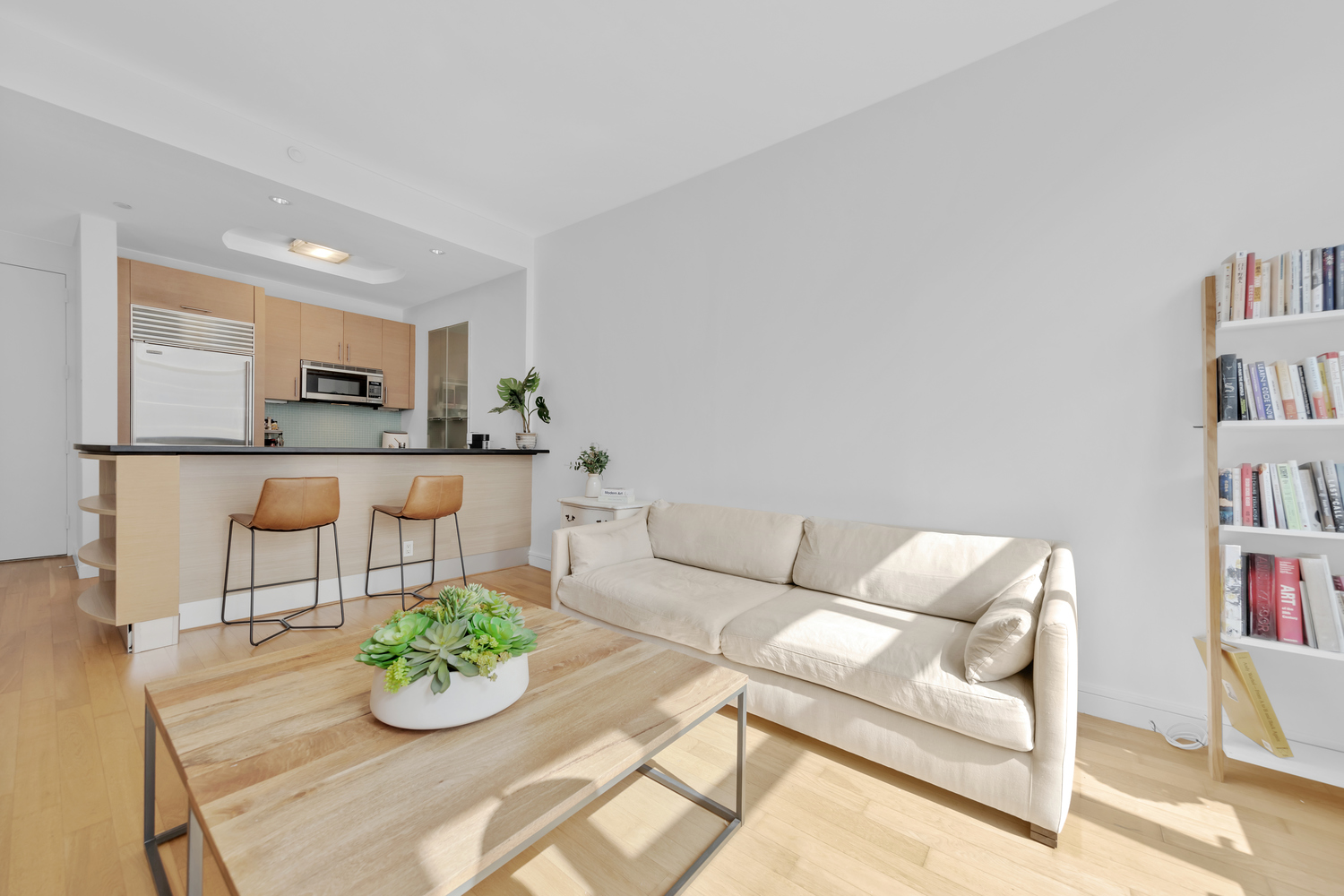 a living room with furniture and a book shelf