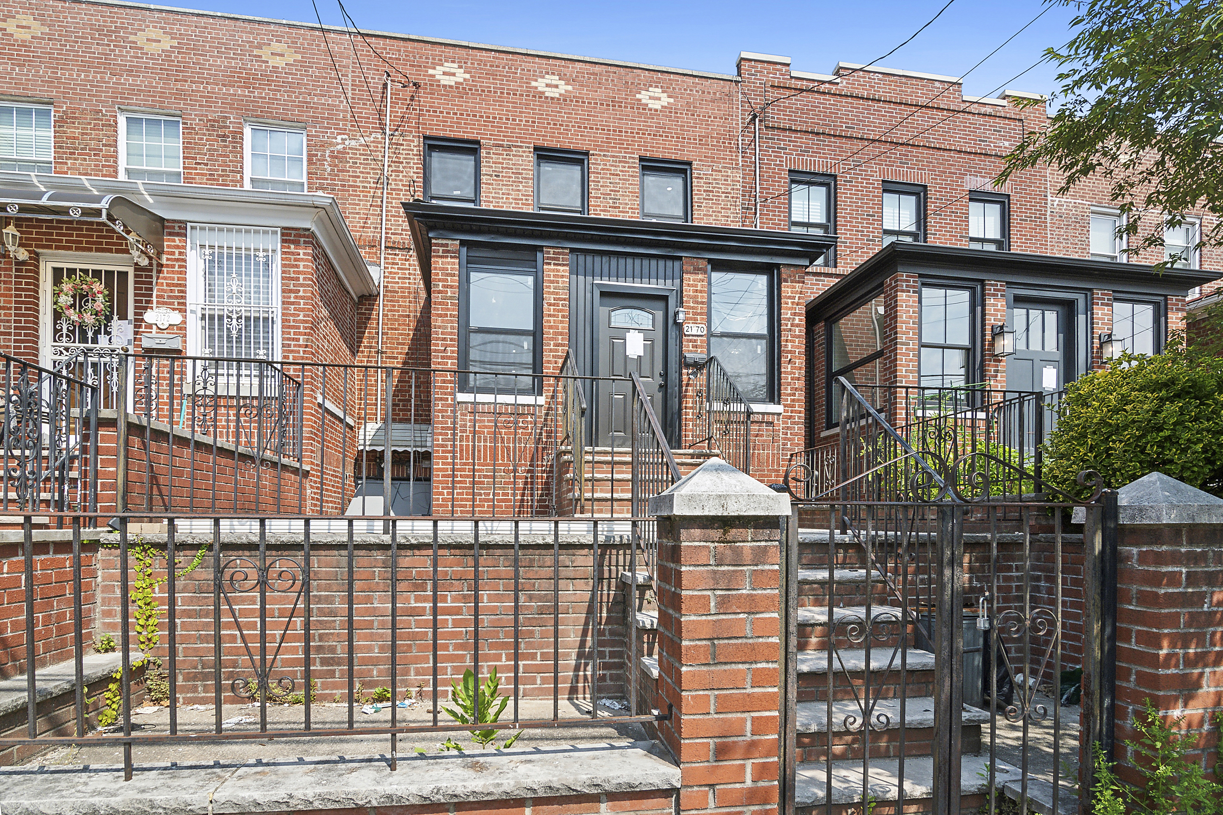 a front view of a brick building