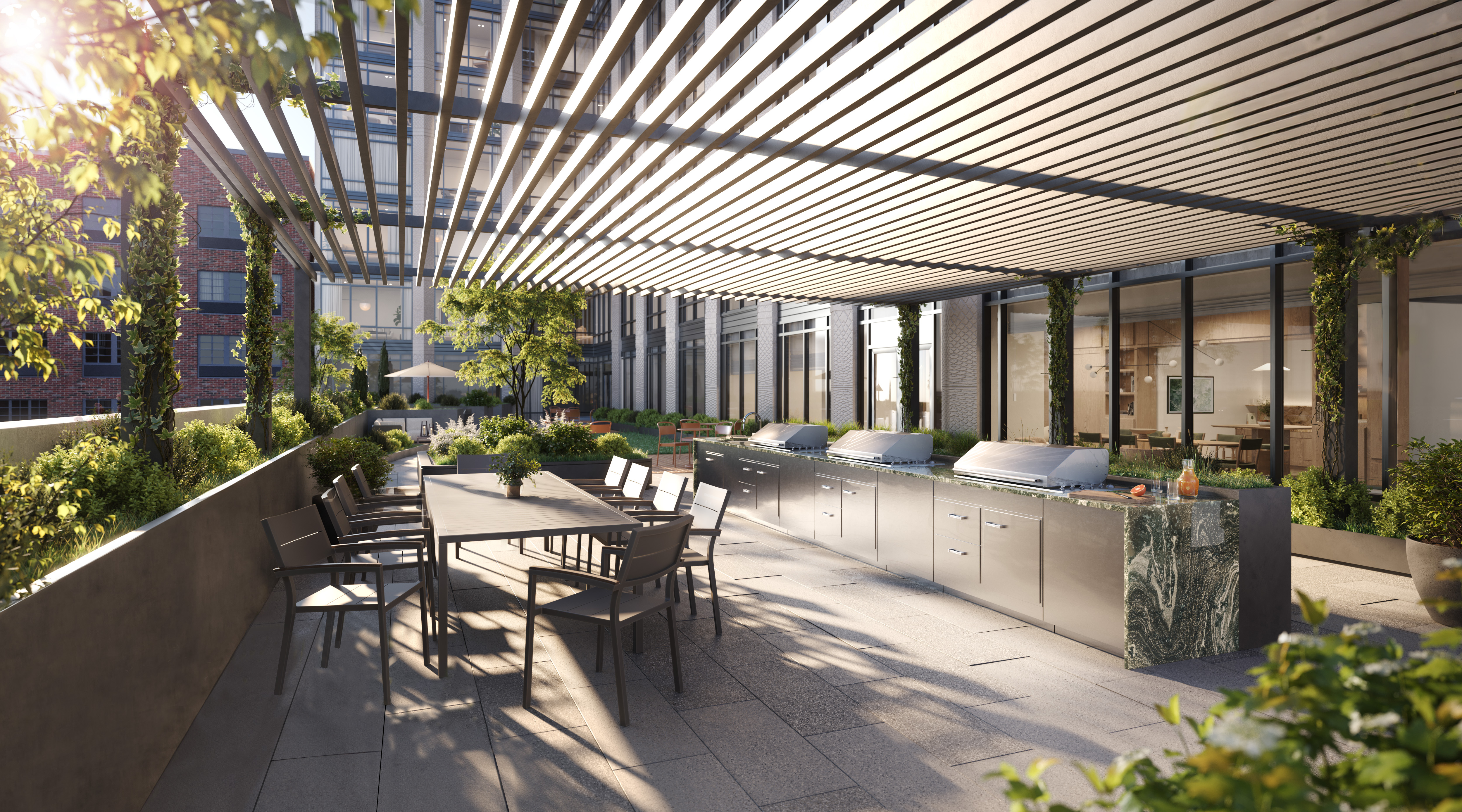 a view of a patio with chairs and potted plants