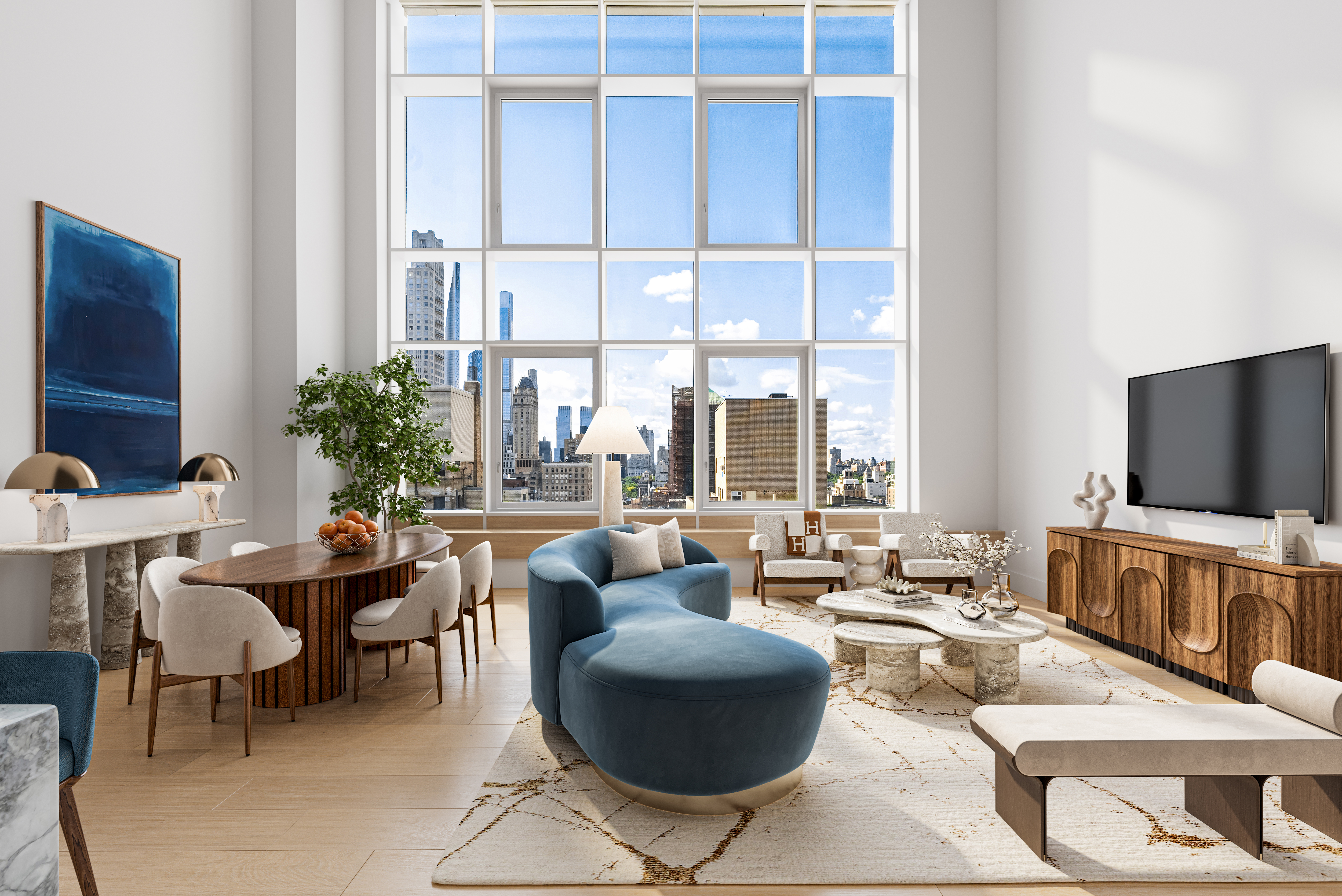 a living room with furniture a flat screen tv and a large window