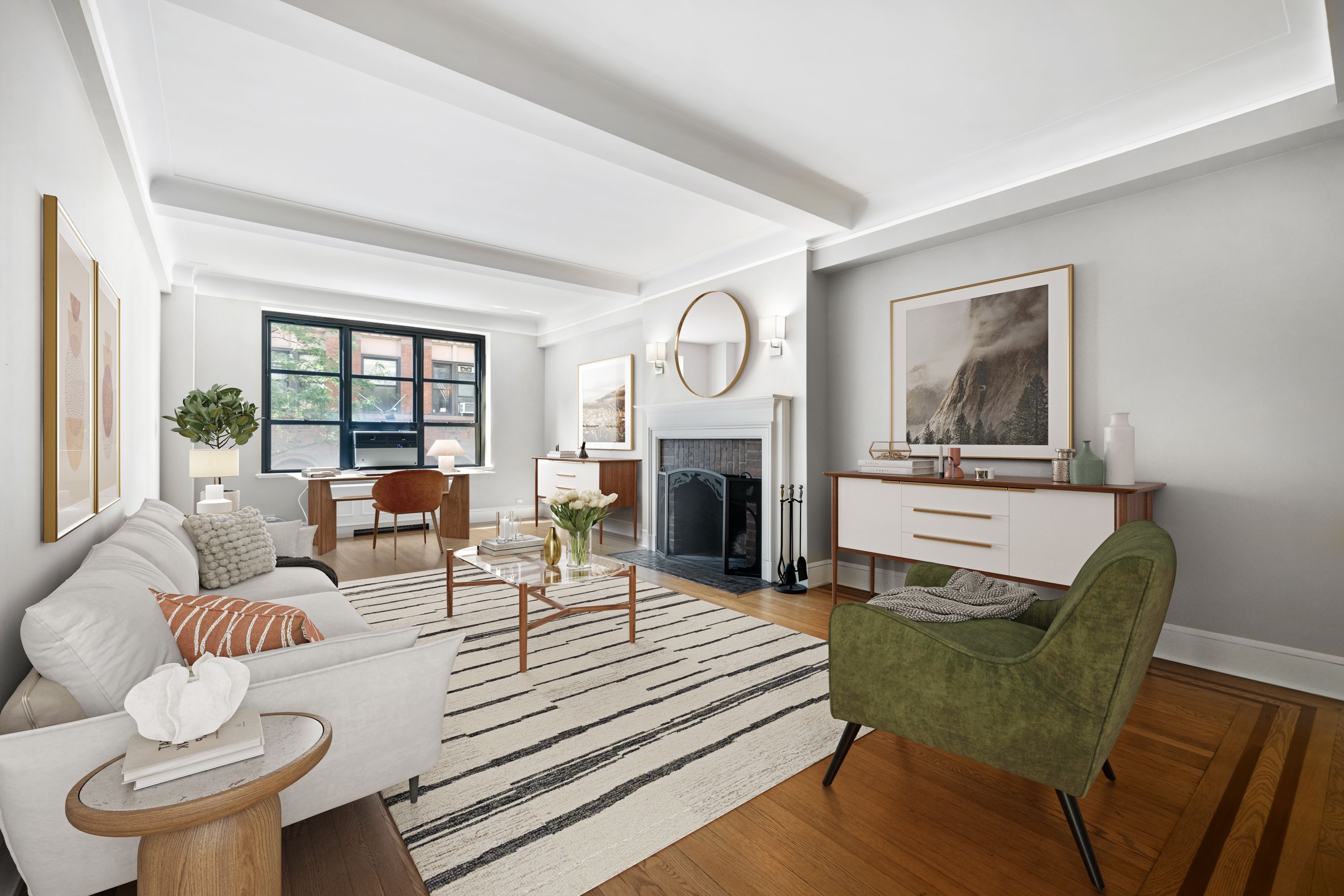 a living room with furniture a fireplace and a table