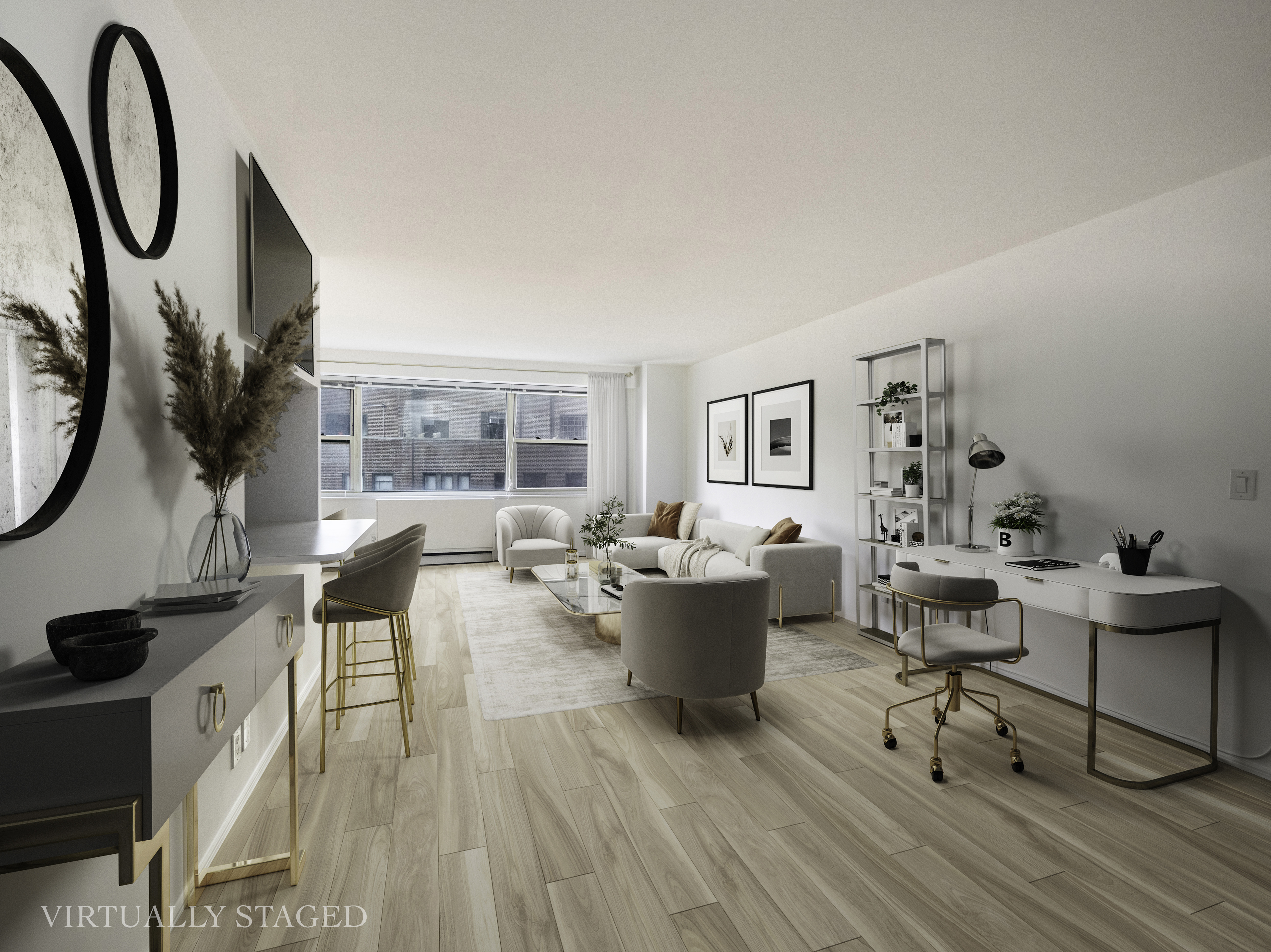 a living room with furniture a window and white walls