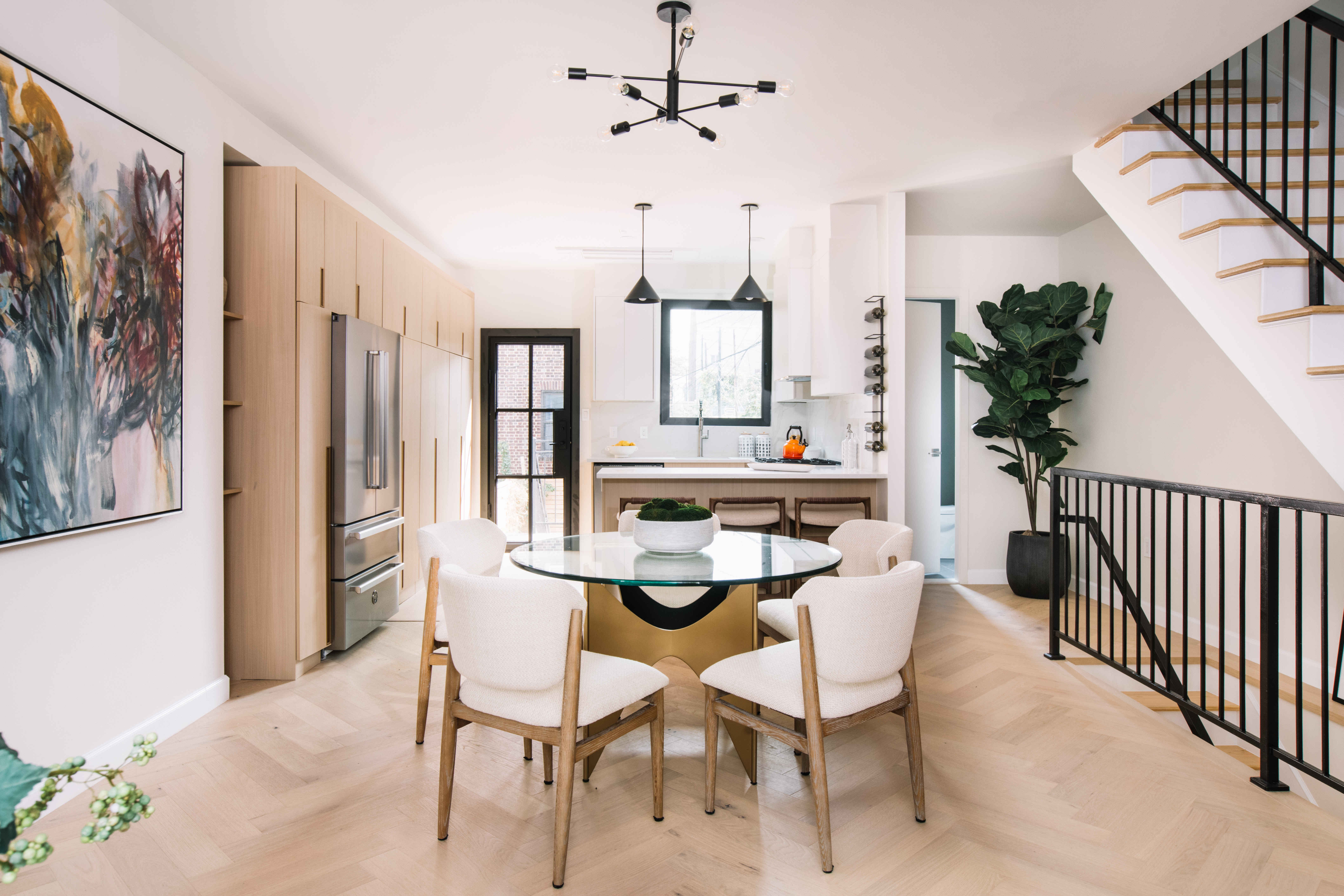 a view of a dining room with furniture