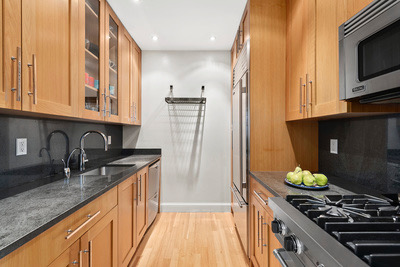 a kitchen with stainless steel appliances granite countertop a stove a sink and a microwave