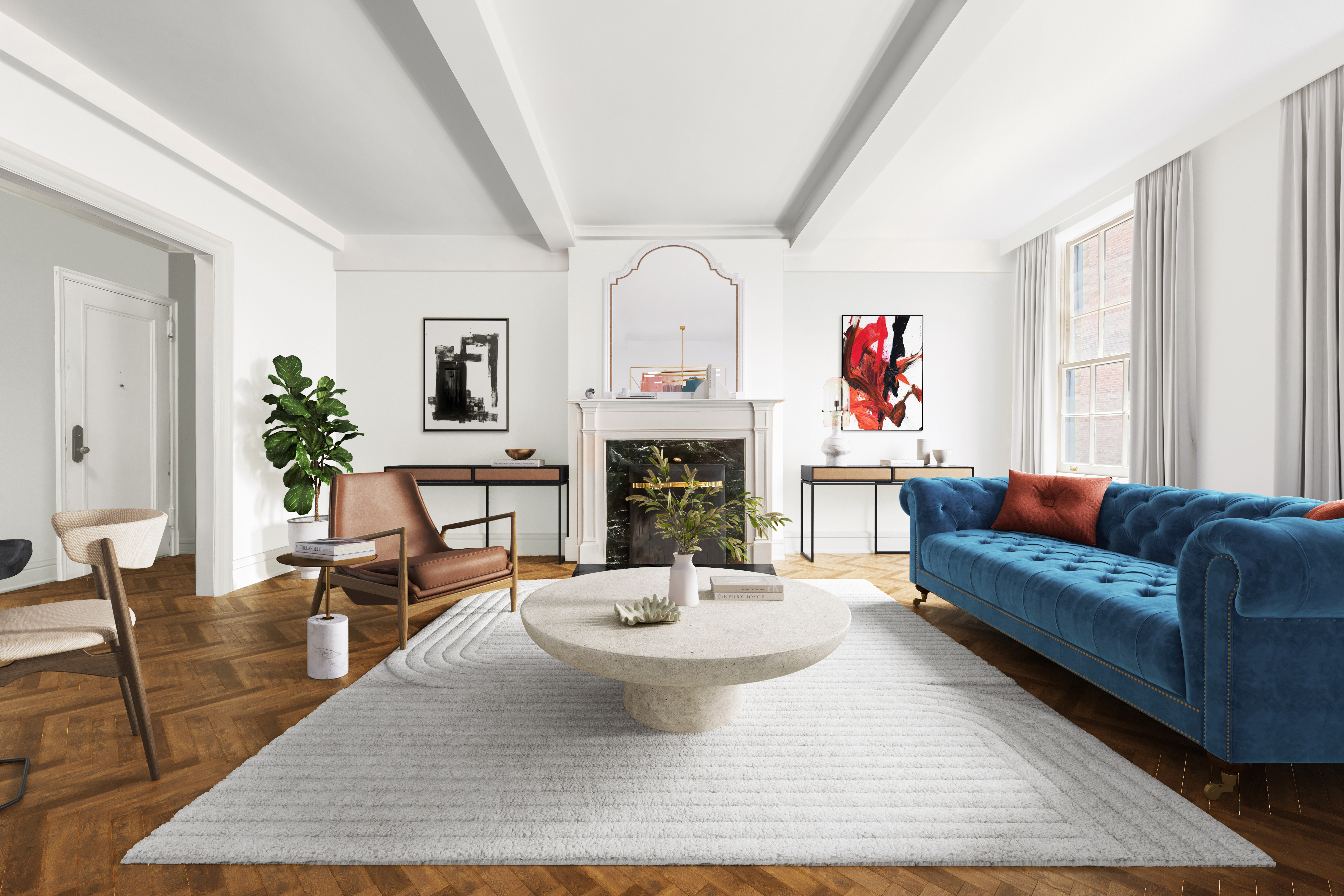 a living room with furniture a fireplace and a window