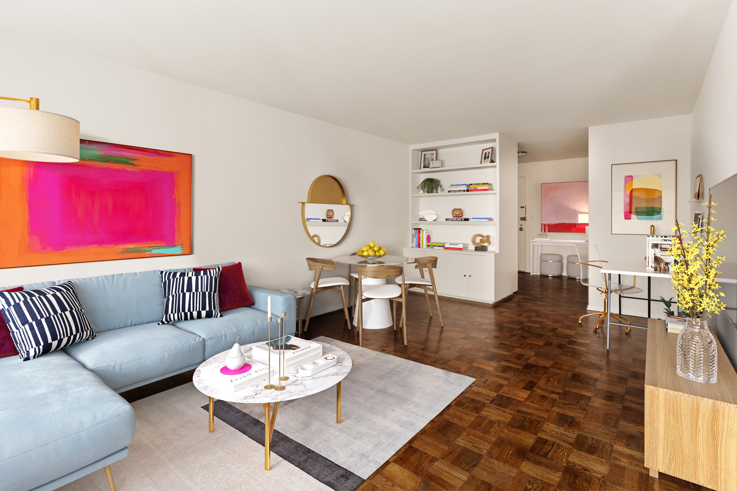 a living room with furniture and wooden floor