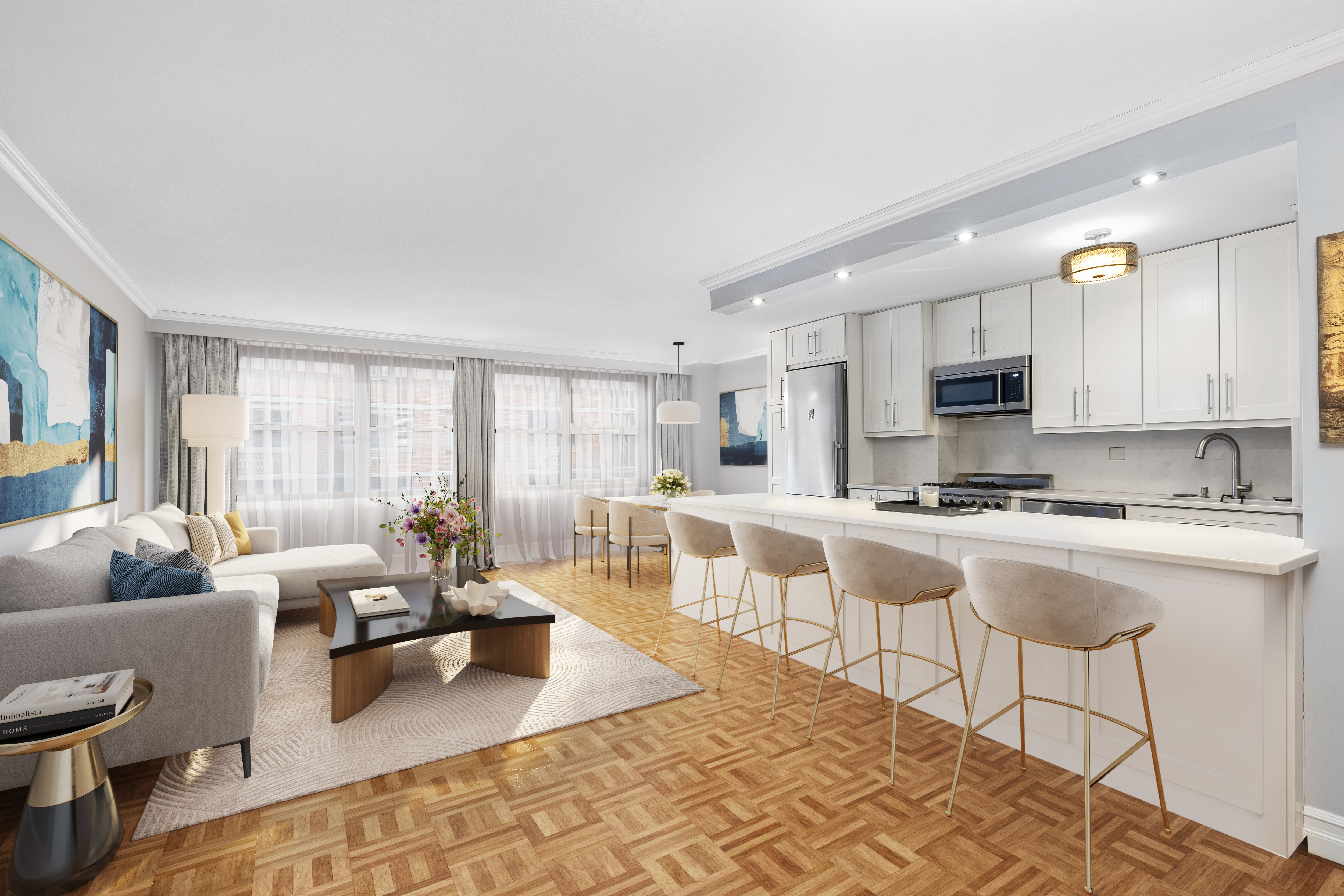 a living room with stainless steel appliances granite countertop furniture a rug a stove and a window