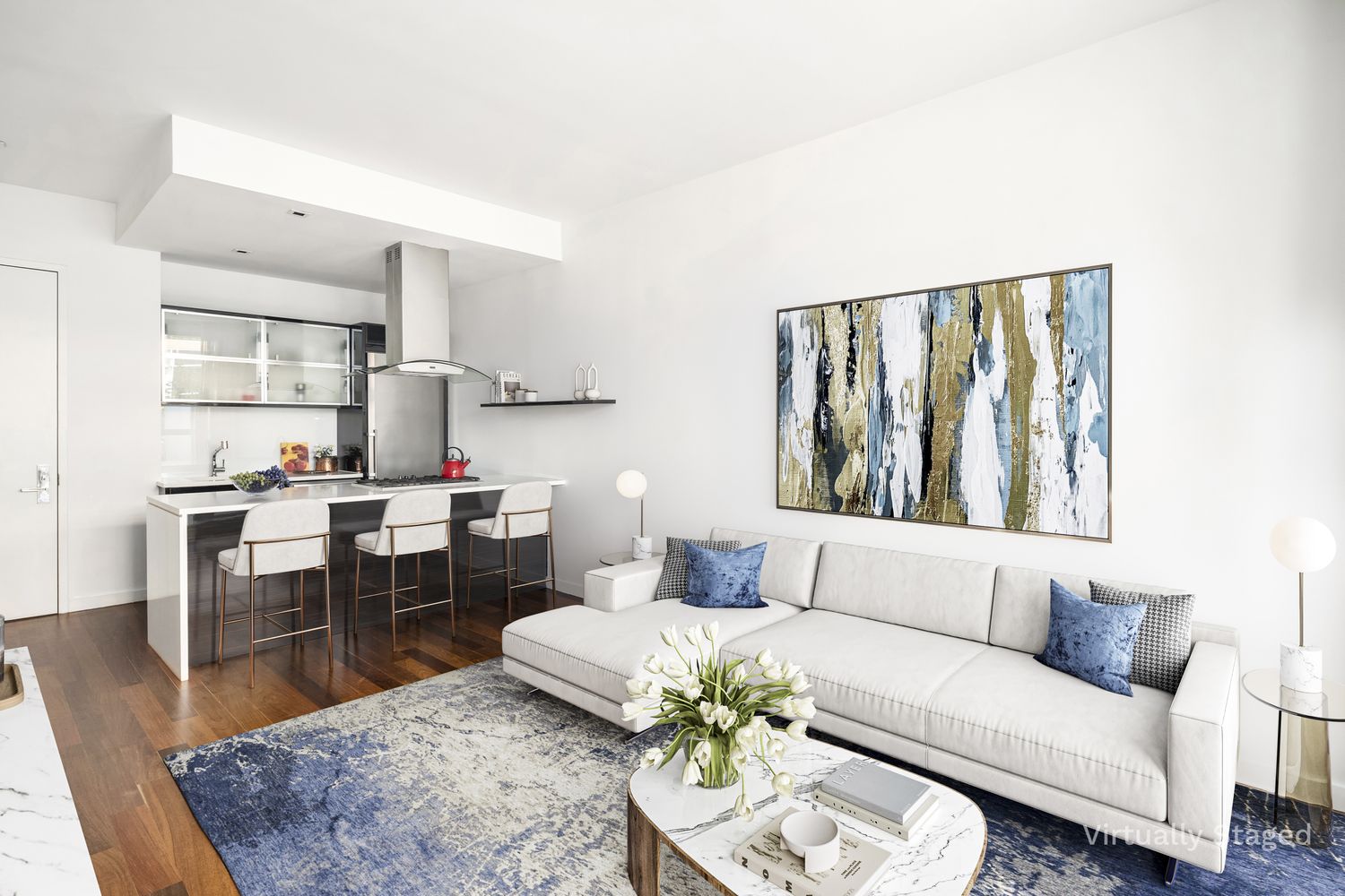 a living room with furniture fireplace and a table