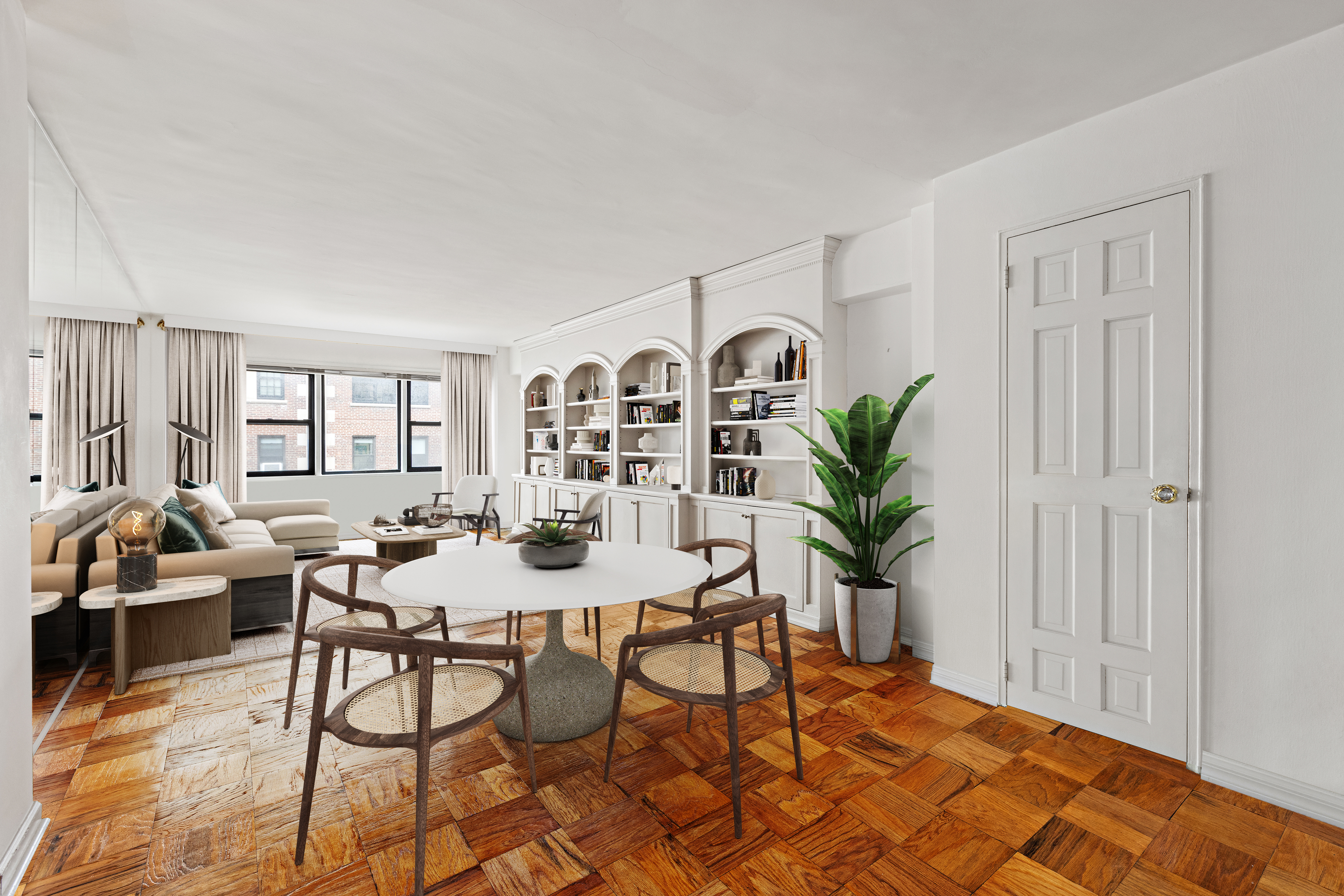 a view of a dining room with furniture and wooden floor