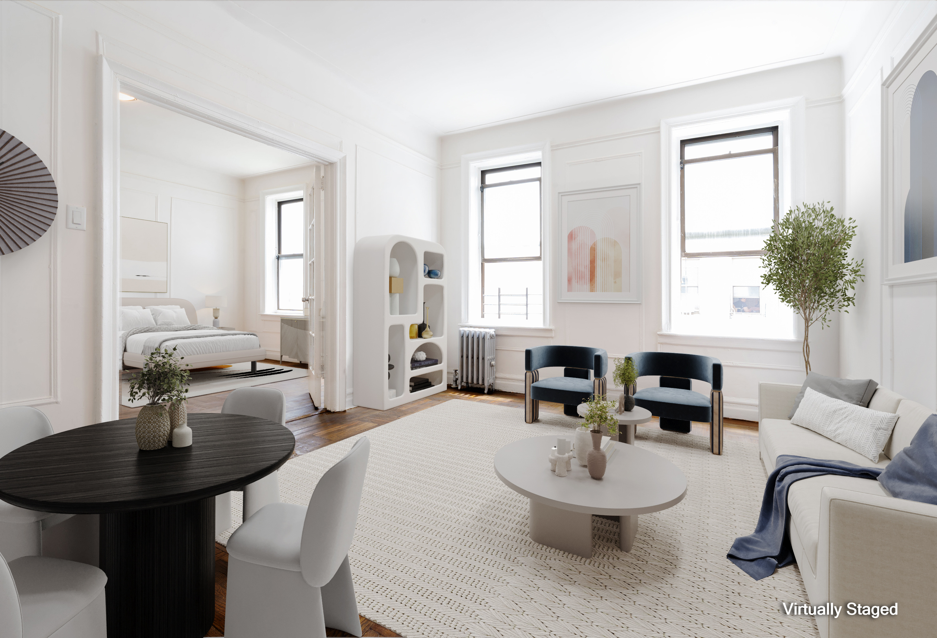 a living room with furniture and a large mirror