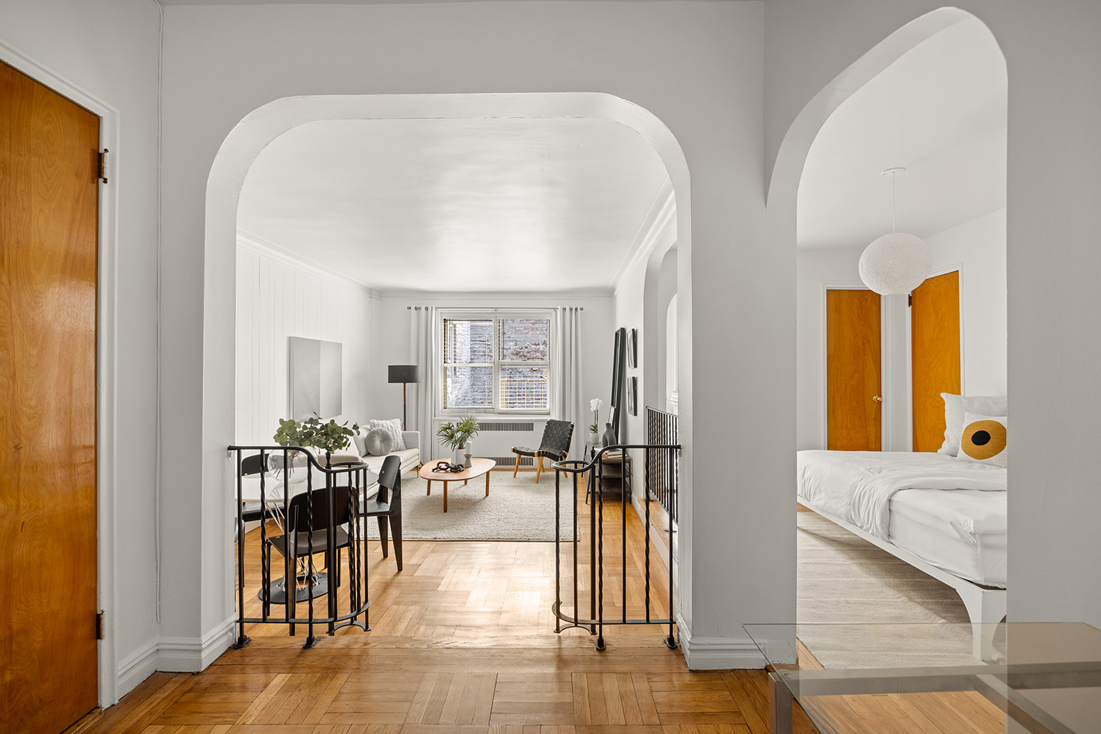 a living room with furniture and a table