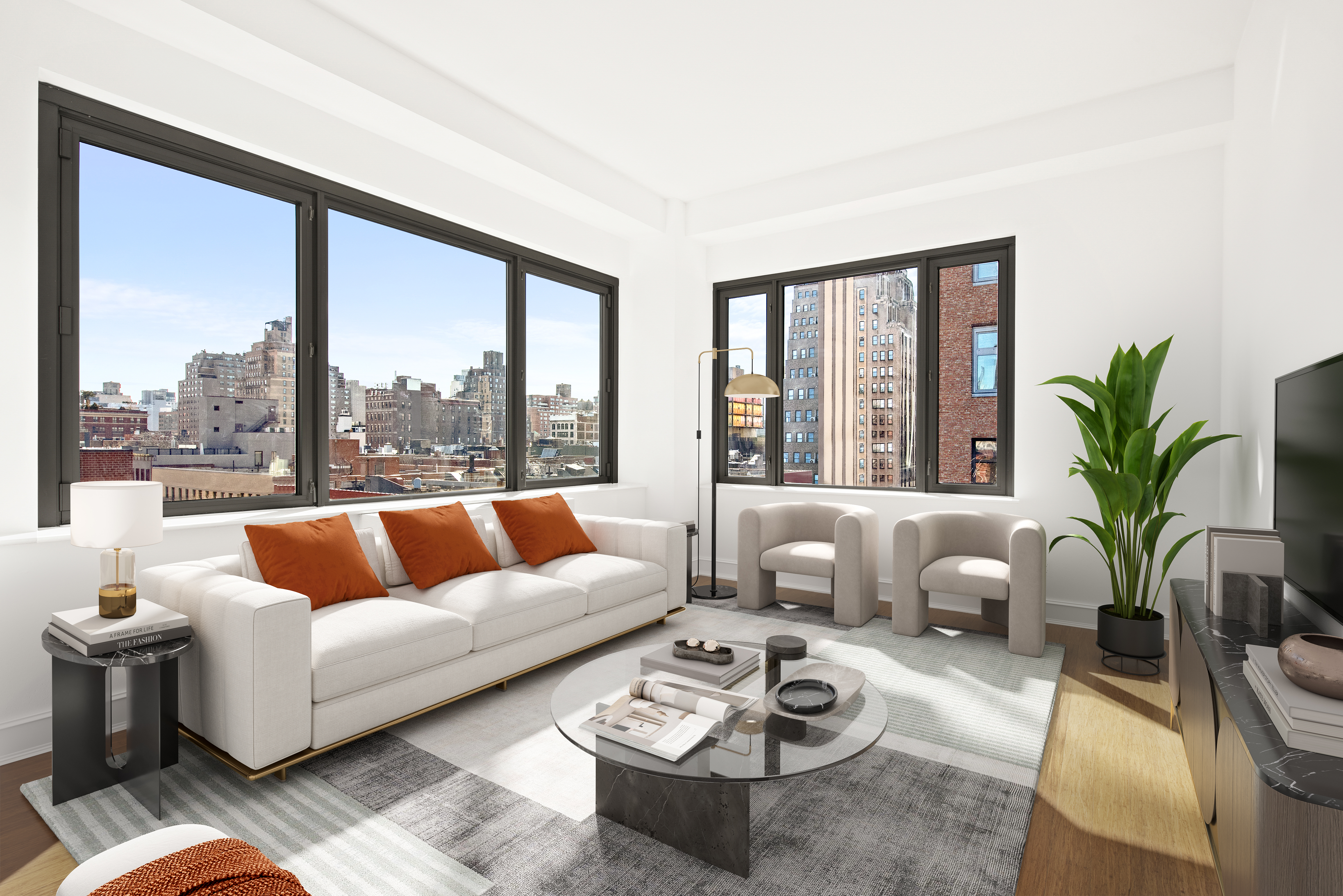 a living room with furniture and a large window with garden view