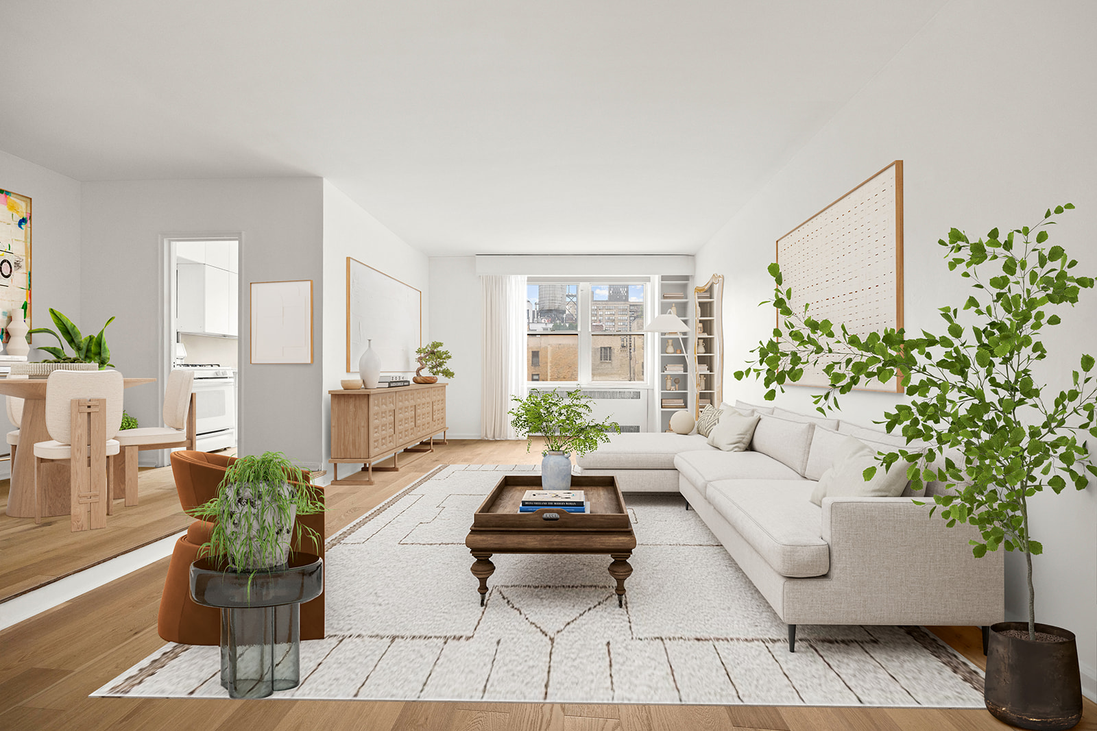 a living room with furniture and a potted plant