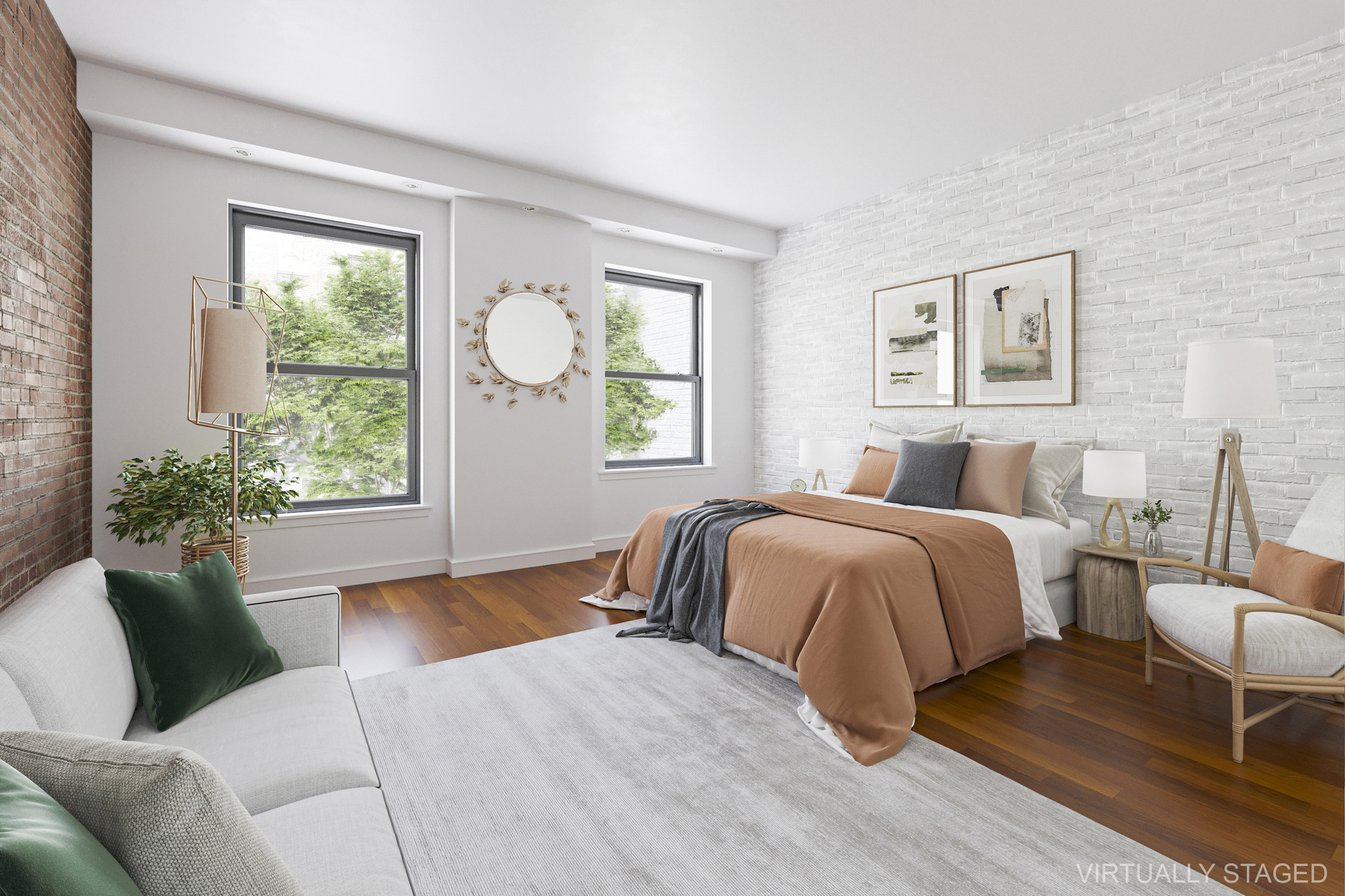 a spacious bedroom with a bed and glass window