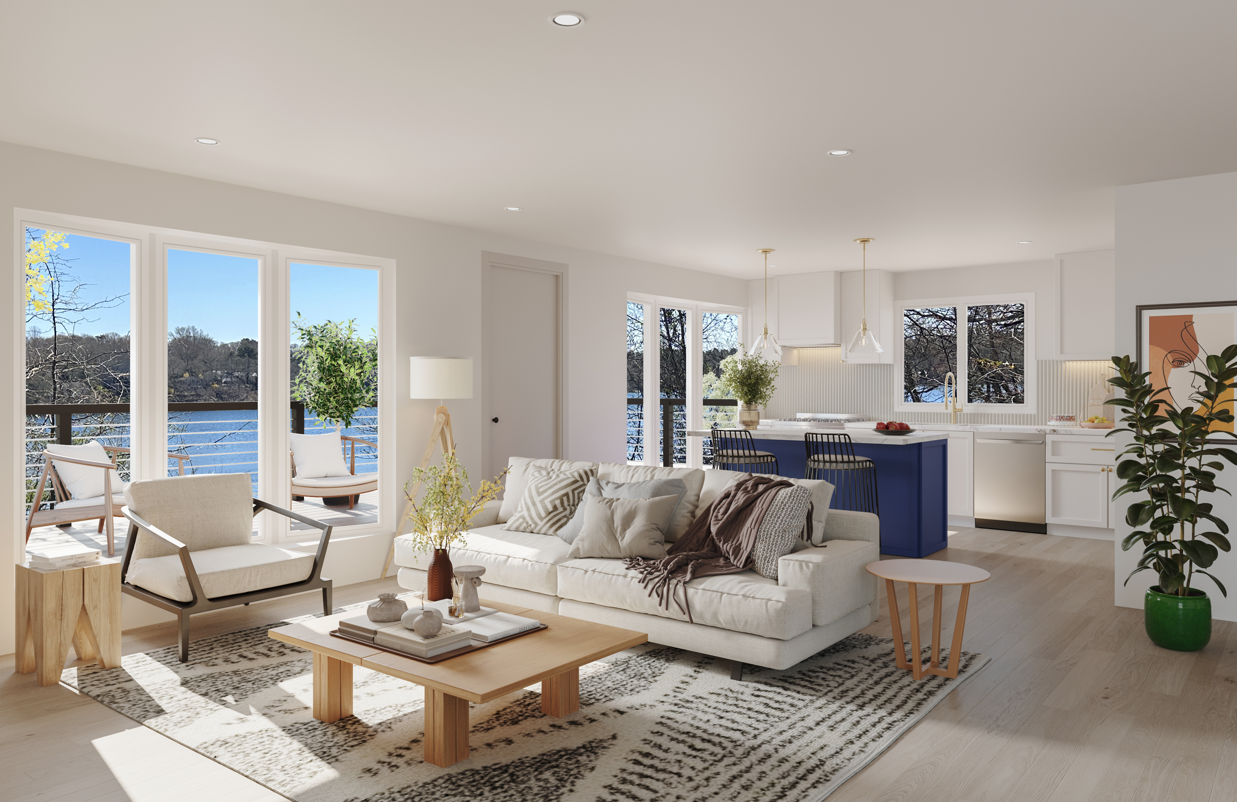 a living room with furniture and view of kitchen