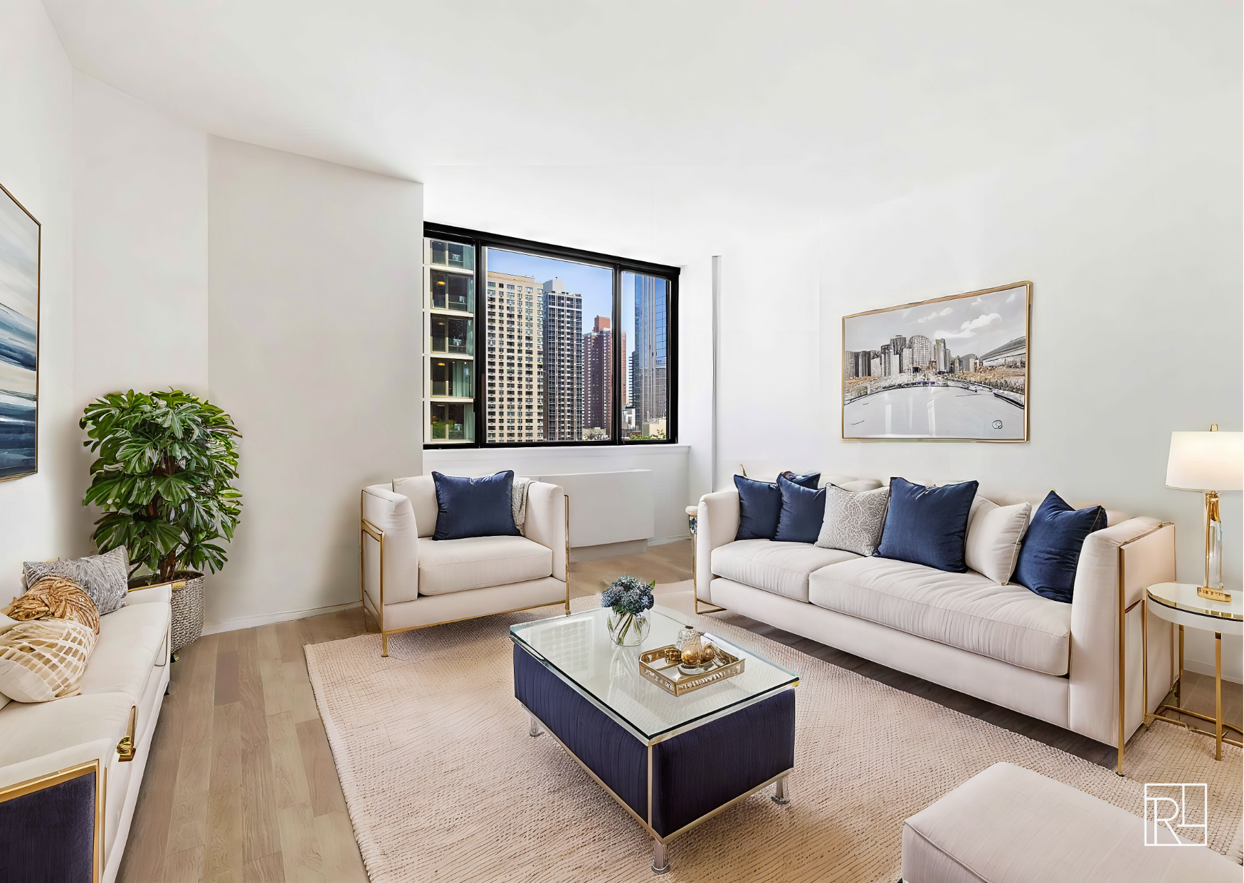 a living room with furniture rug and window