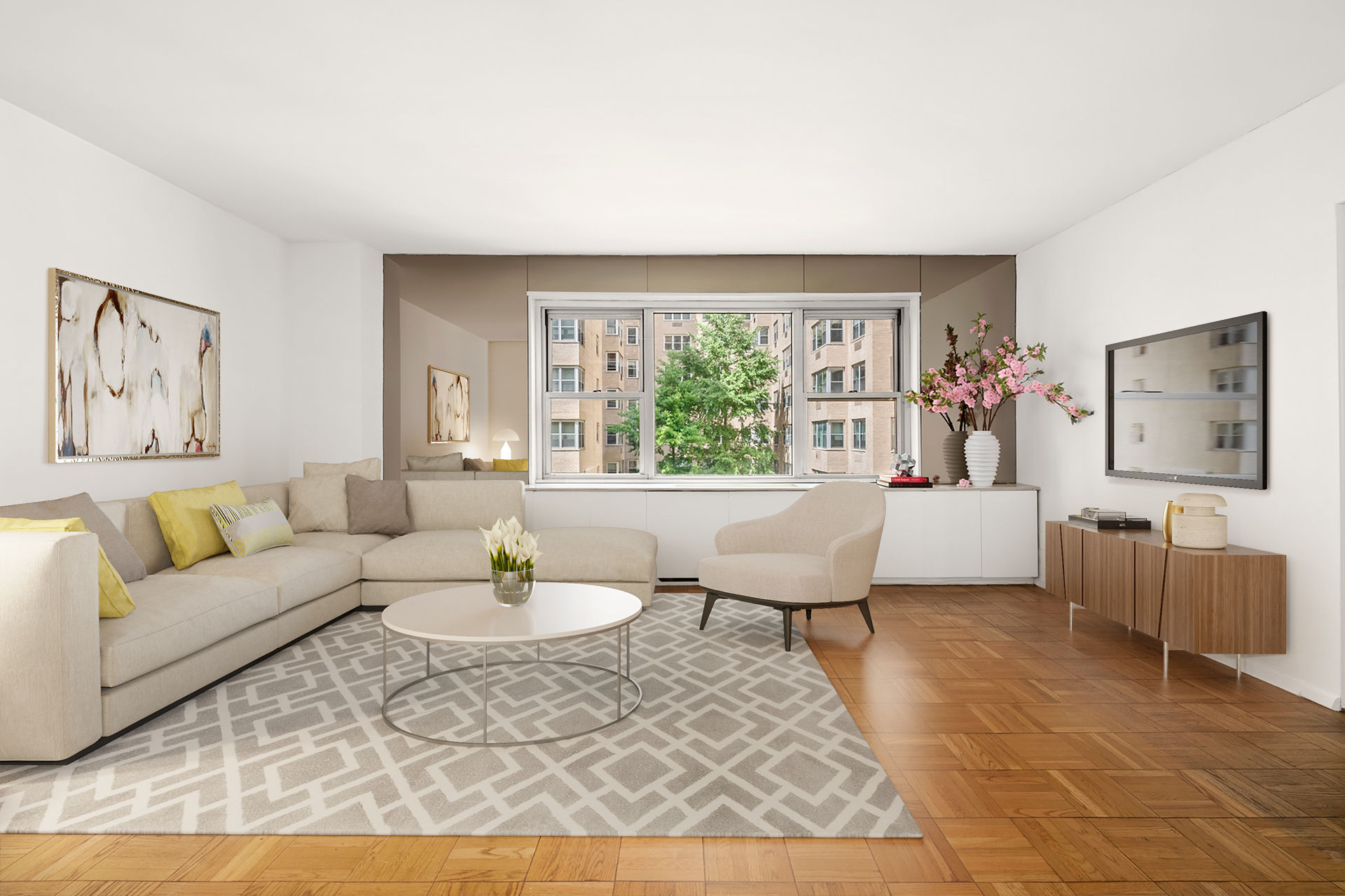 a living room with furniture and a large window