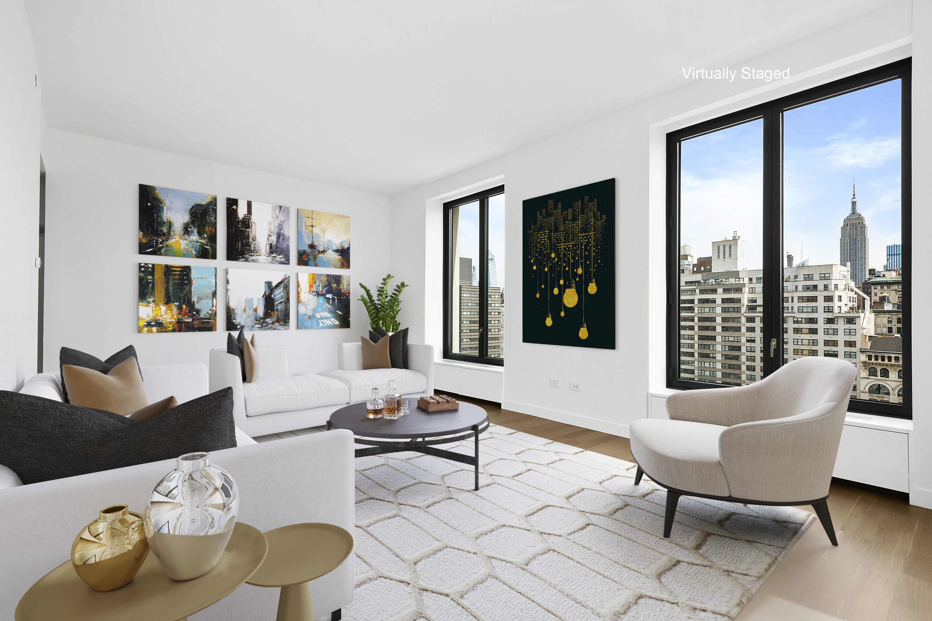 a living room with furniture and floor to ceiling windows