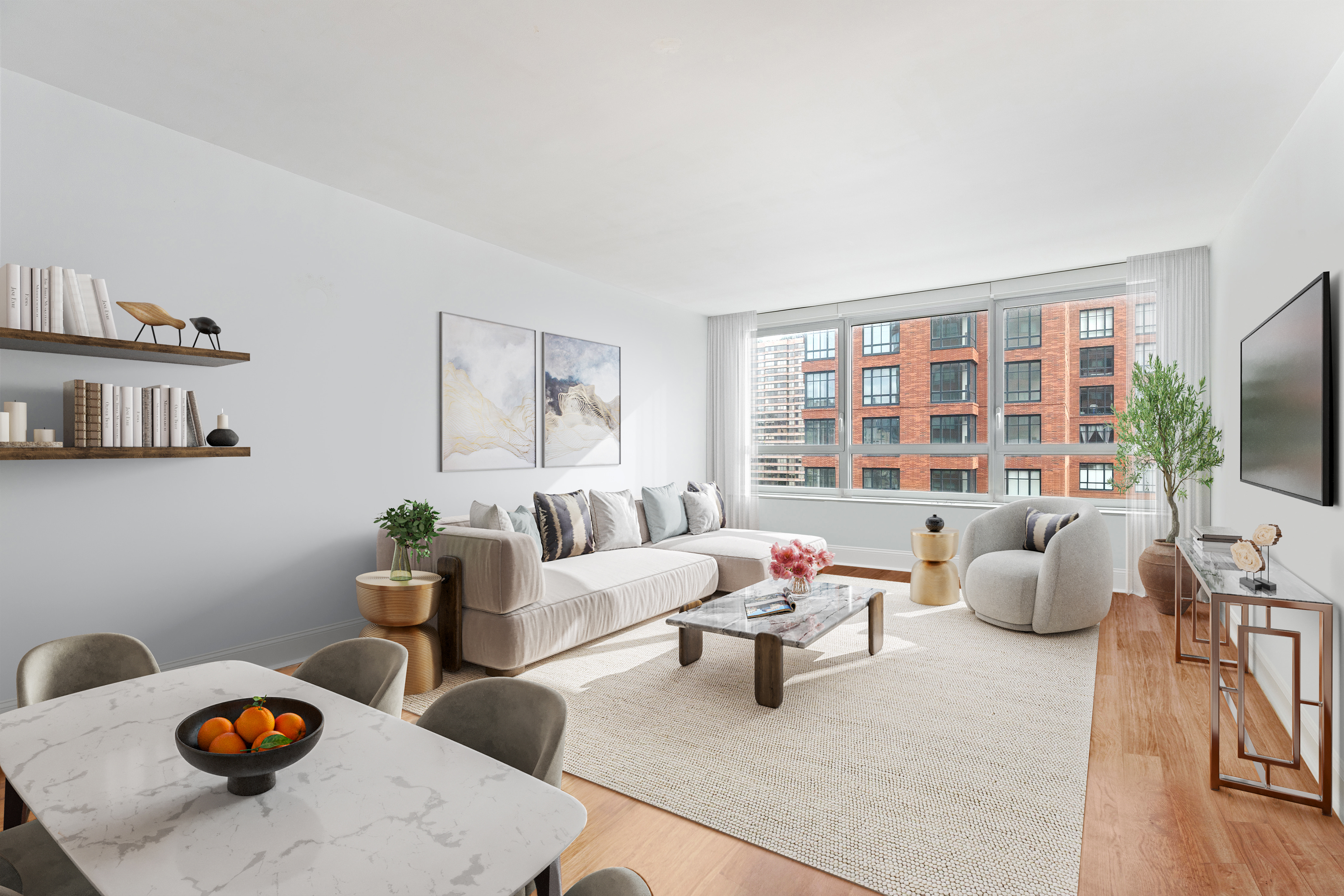 a living room with furniture and a floor to ceiling window