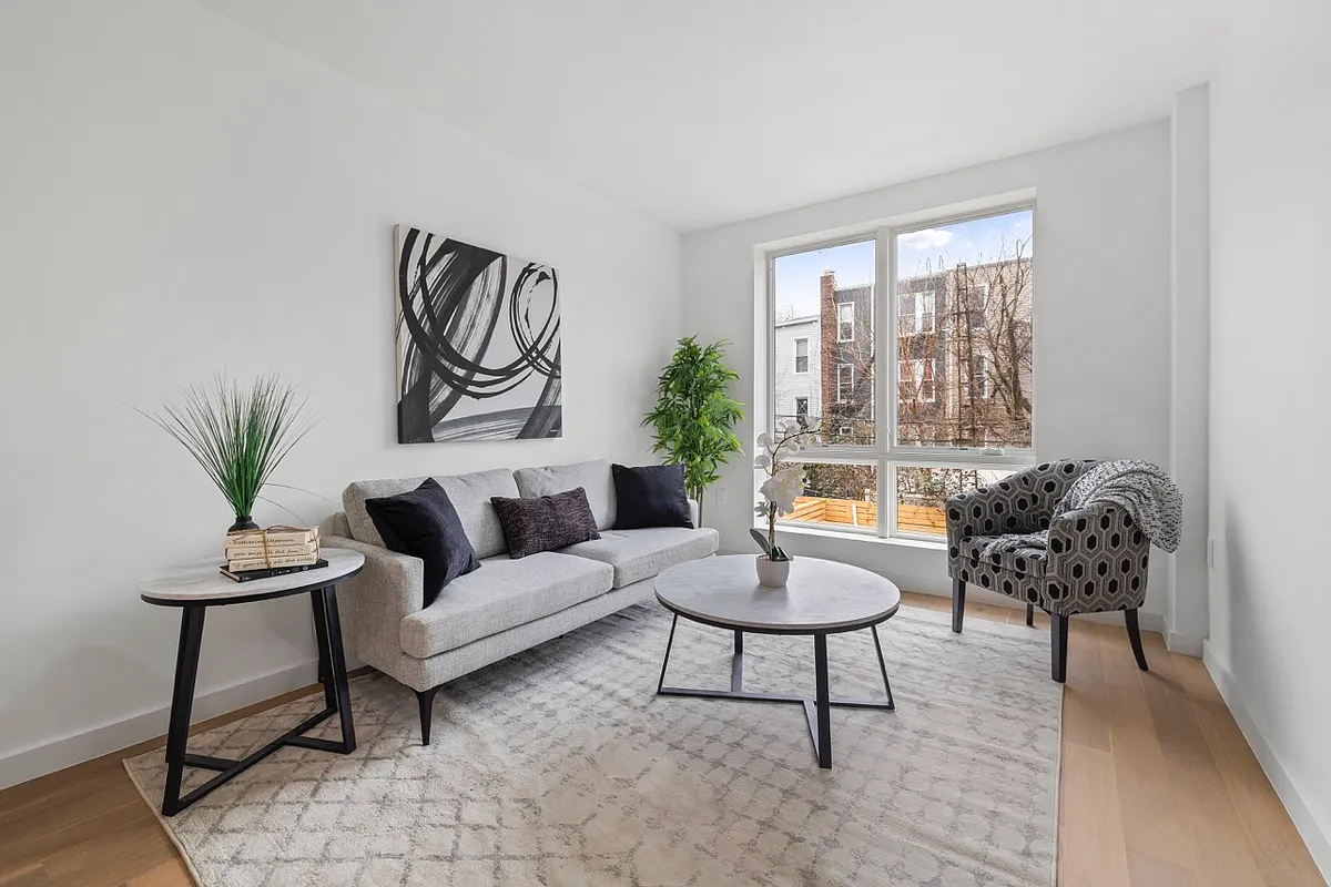 a living room with furniture and a potted plant